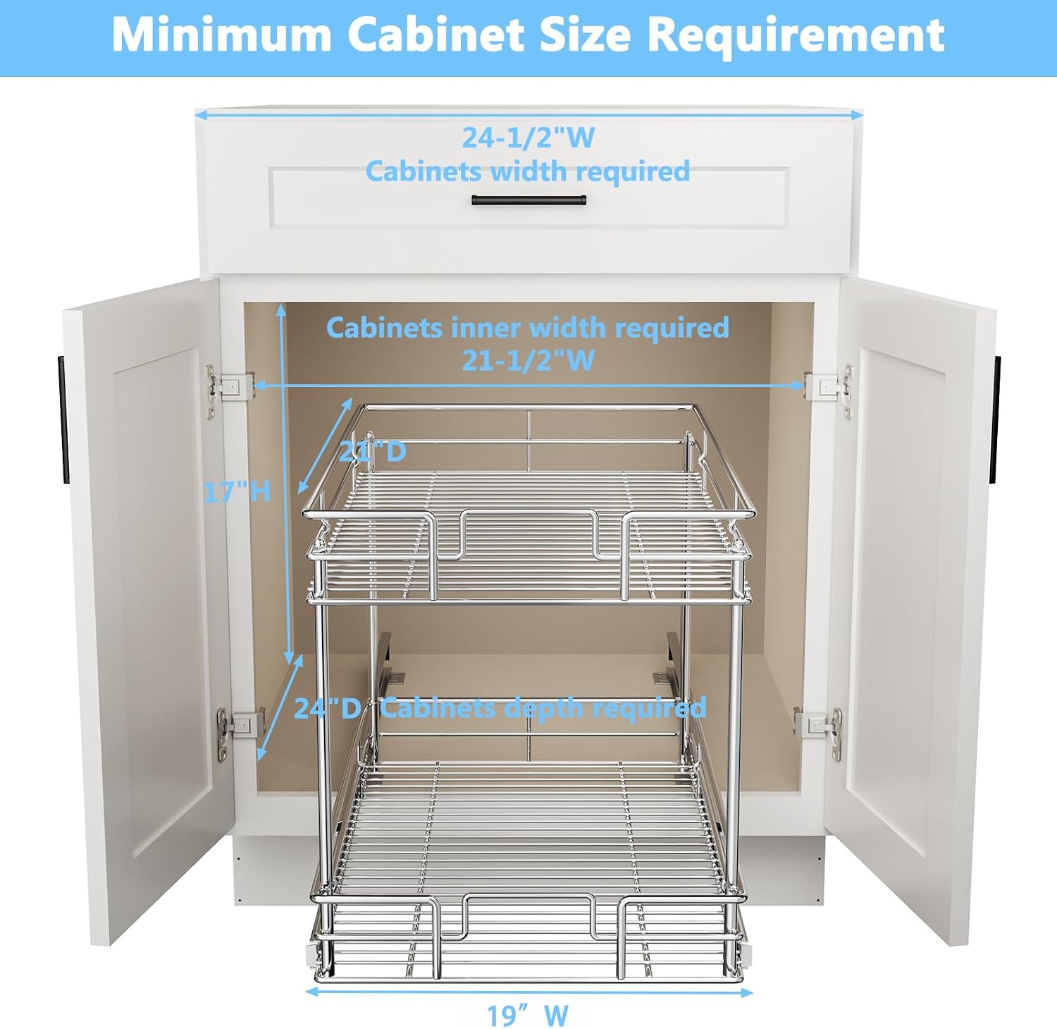ROOMTEC New Version Pull Out Cabinet Organizer for Base Cabinet (20" W X 21" D), Kitchen Cabinet Organizer and Storage 2-Tier Cabinet Pull Out Shelves Under Cabinet Storage for Kitchen Silver,Chrome
