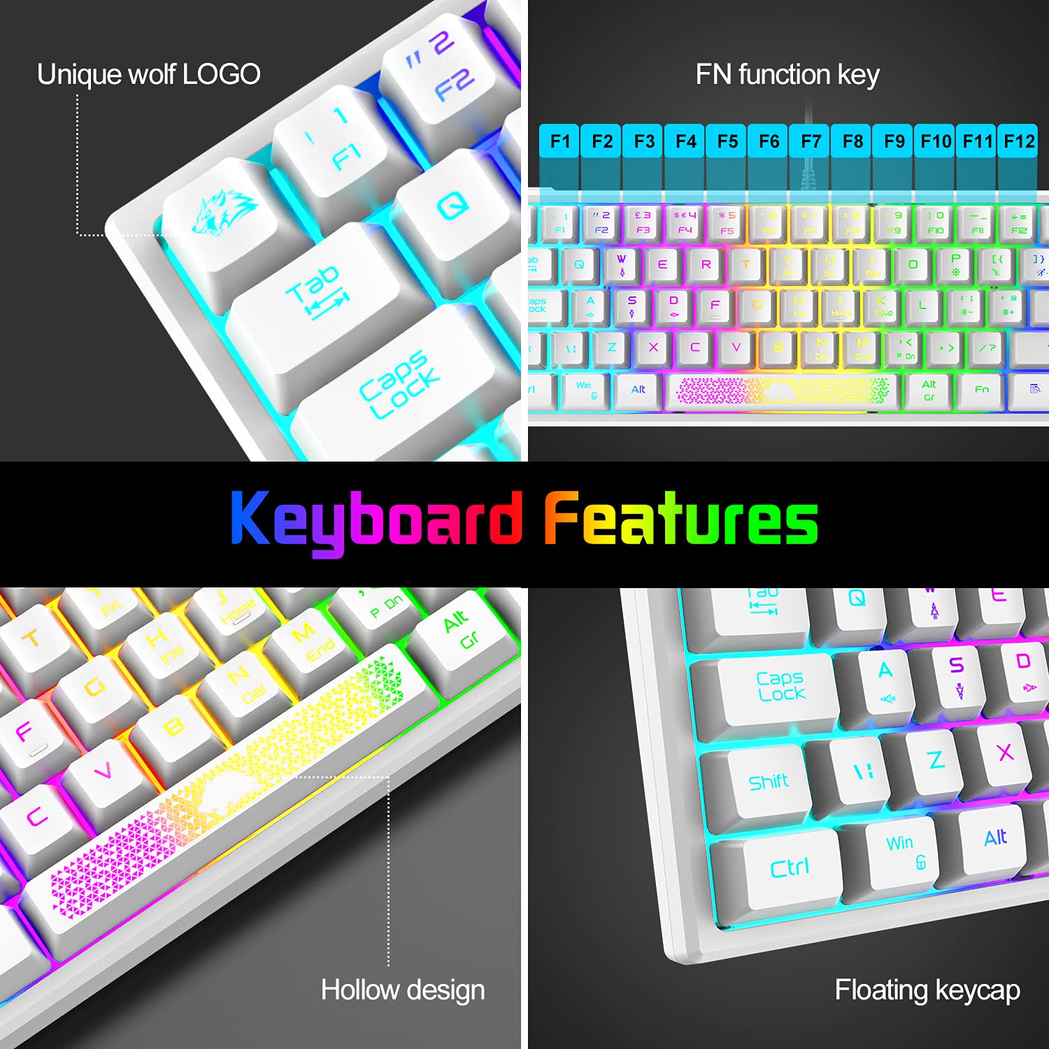 Tastiera e Mouse da Gioco RGB Layout QWERTY USB Cablato 60% 62 tasti Mini Gaming Keyboard Portatile 7 RGB LED backlit +2400 DPI Mouse ultraleggero Guscio a nido d'ape + Tappetino per mouse-Bianco