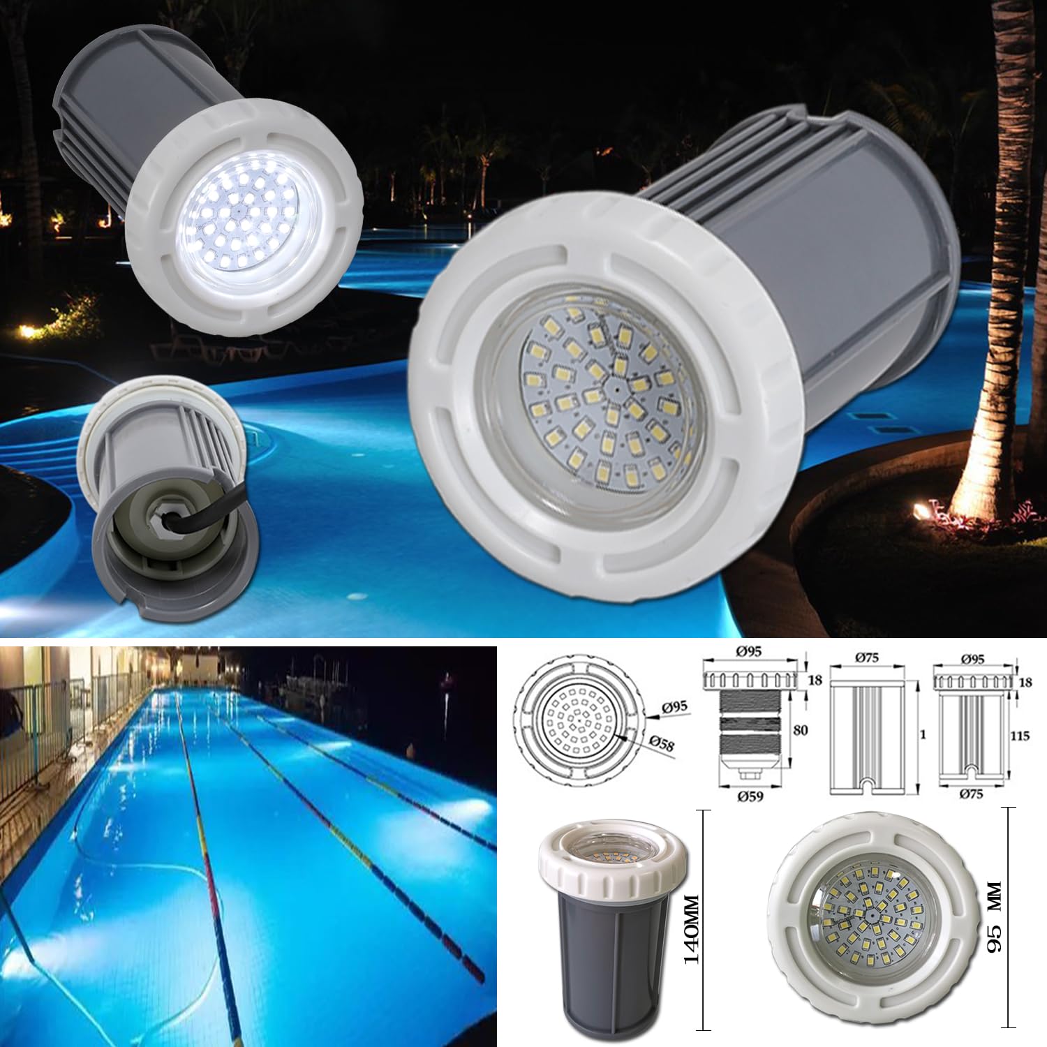 BARCELONA LED LED Poolleuchte 3W AC12V IP68 Unterwasserleuchte Ø94mm Kaltweiß 6500K SMD2835 LED Poollicht Aufbaumontage für Pool, Jacuzzi, Spa, Brunnen, Teich, Wasserdekoration