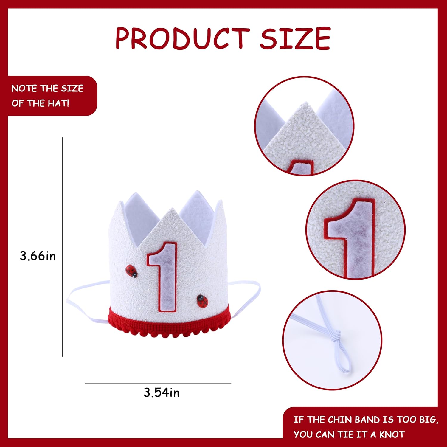 Baby's 1st Birthday Crown Hat, White and Red, Felt, Ladybug Theme, 3.66 x 3.54 in, with Elastic Chin Band