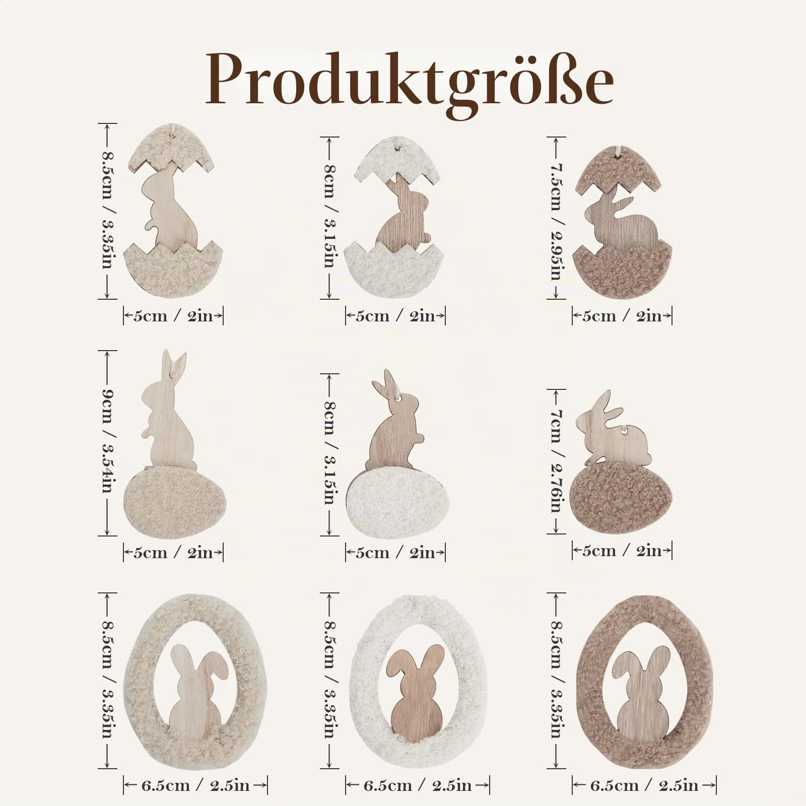 DN DECONATION 9-teilige Osteranhänger, Holz Hasen mit Sherpa-Textur & Perlenschnur, Rustikale Osterdekoration zum Aufhängen für Baum, Tür & Tisch, Landhaus Deko Set in Beige & Braun mit Holzperlen
