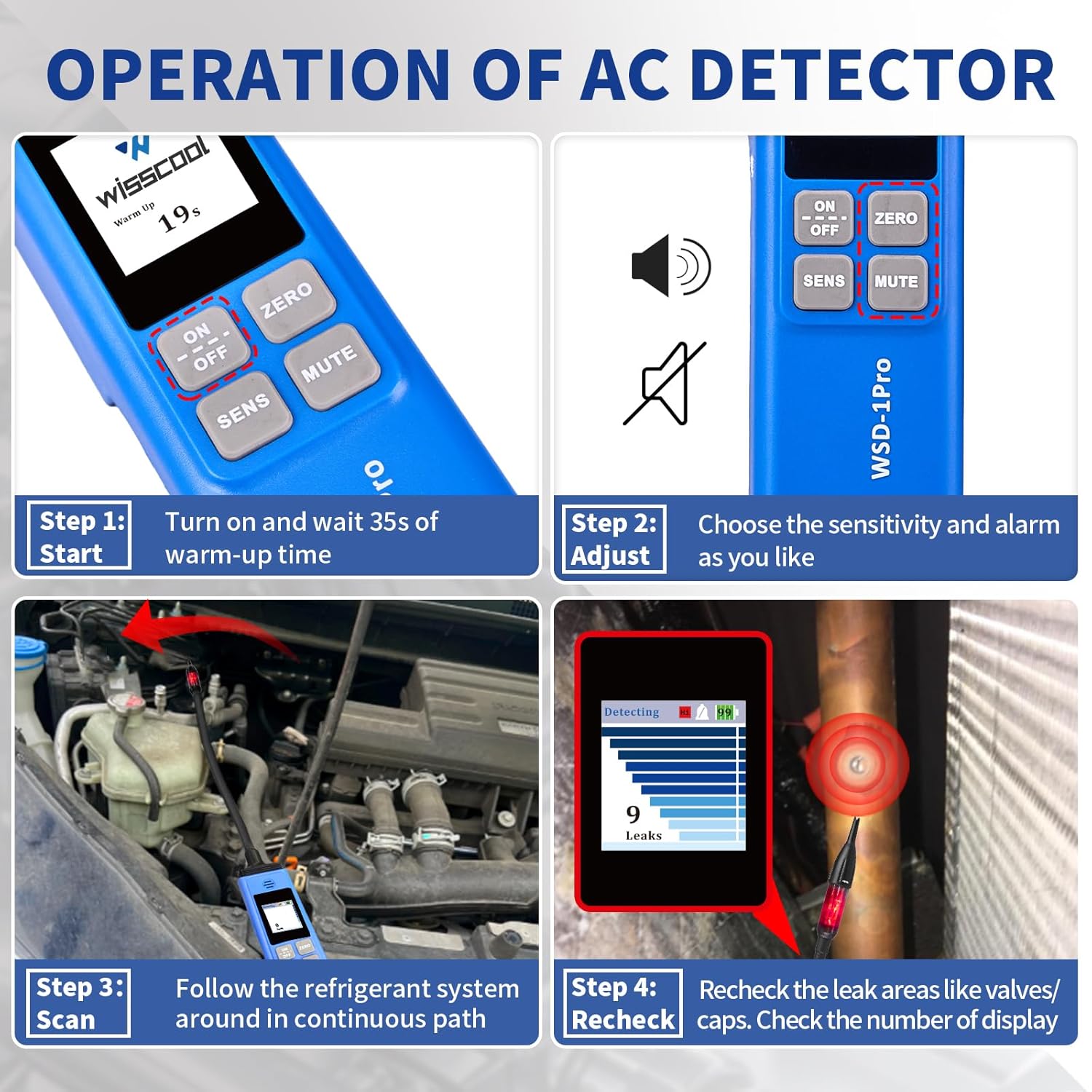 WISSCOOL HVAC Refrigerant Leak Detector with Light Alarm, Freon Leak Detector, Freon Sniffer Halogen Gas Leak Detector Sensor Probes,for R134A R1234yf R22 R410A (Color LED)