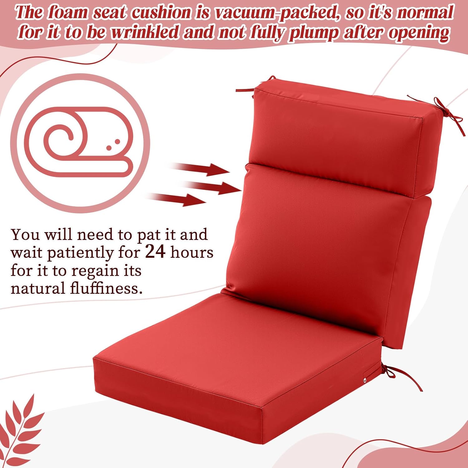 Marsui Outdoor High Back Chair Cushions Set of 2, 44 x 21 x 3.5 Inches Patio Chair Cushion with Ties, Thick Seat Pads and Back for Wicker, Rocking, Porch and Balcony Chairs, Fade Resistant(Red)
