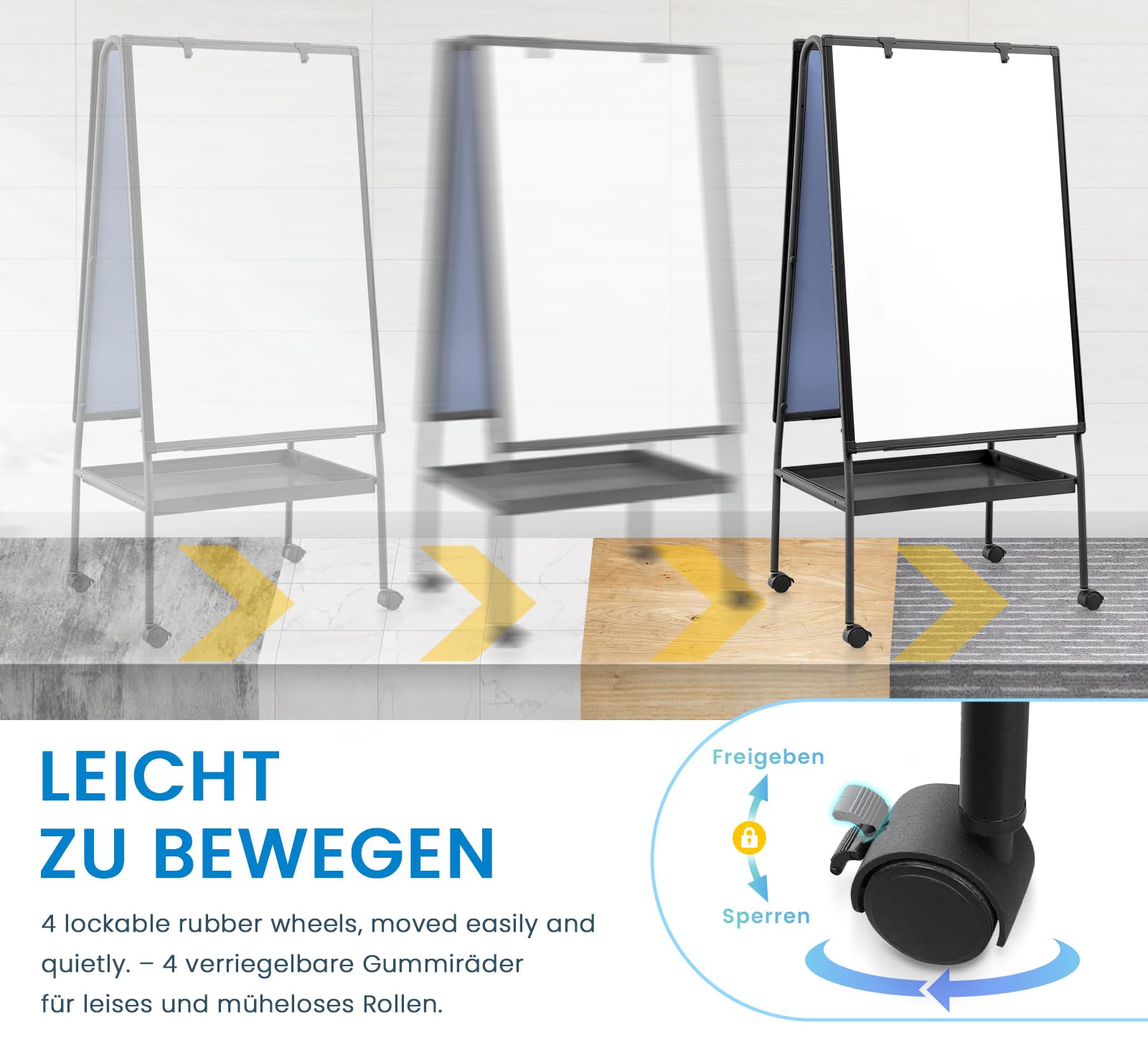 MAKELLO Flipchart 90x60cm Doppelseitiges Whiteboard mit Ständer | Höhenverstellbar, Magnetisch und Beschreibbar, mit 4 Leisen Rollen, mit Ablagefach, Flipchart Ständer für Büro