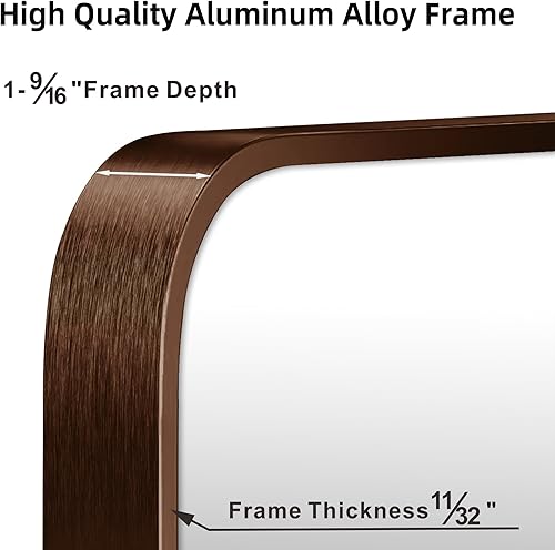 Miniatura 3 de Espejo rectangular con marco de metal de bronce cepillado de 24 x 36 pulgadas con esquina redondeada, espejo de baño montado en la pared, espejo de