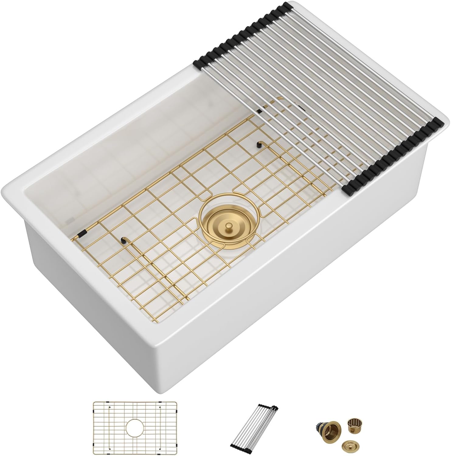 Dcolora 30 Inch White Undermount Kitchen Sinks, Ceramic Porcelain Sink Dual Mount Single Bowl Fireclay Sink with Gold Accessories, 30"x18"x10"