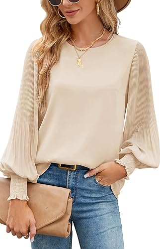 Aifer Womens Tops Dressy Casual Crew Neck Pleated Lantern Long