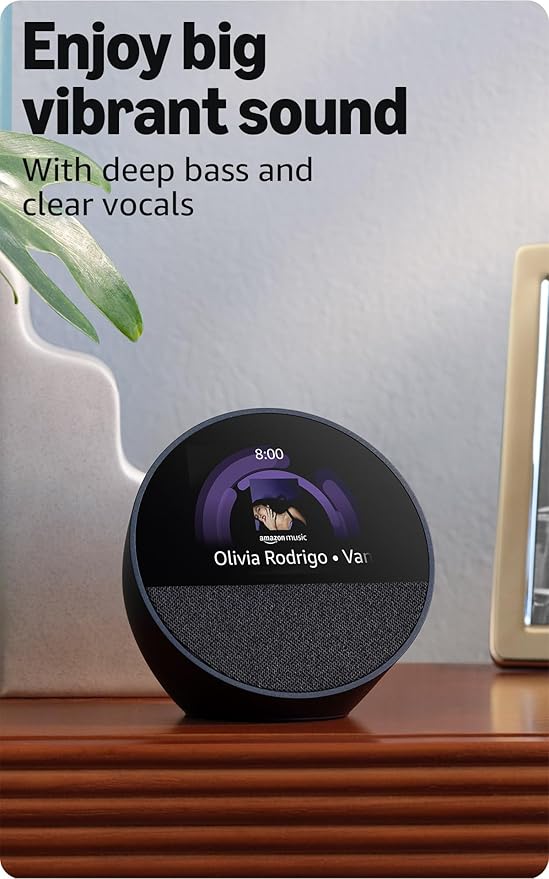Amazon Echo Spot (newest model), Great for nightstands, offices and kitchens, Smart alarm clock with Alexa, Glacier White