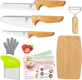 Kibbidea Kids Safe Knife set for Real Cooking, 11-Piece Kids Cutting Boa...