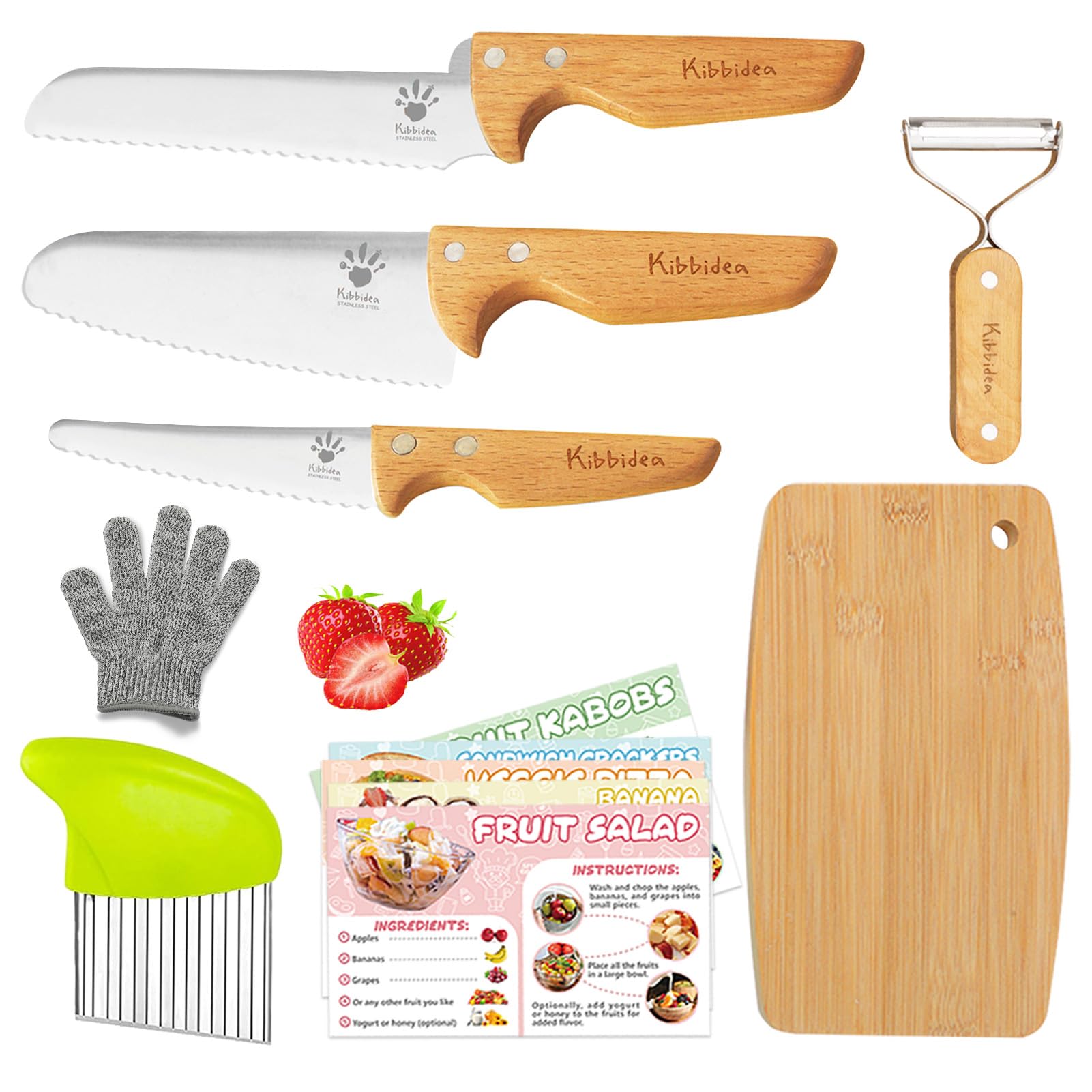 Photo 1 of ***MISSING PARTS***
Kibbidea Kids Safe Knife set for Real Cooking, 11-Piece Kids Cutting Board & Kitchen Knife Set, BPA-free, Stainless Steel Blade, Wooden Handle, Peeler & Gloves, Serrated Child Friendly Chef Knives.