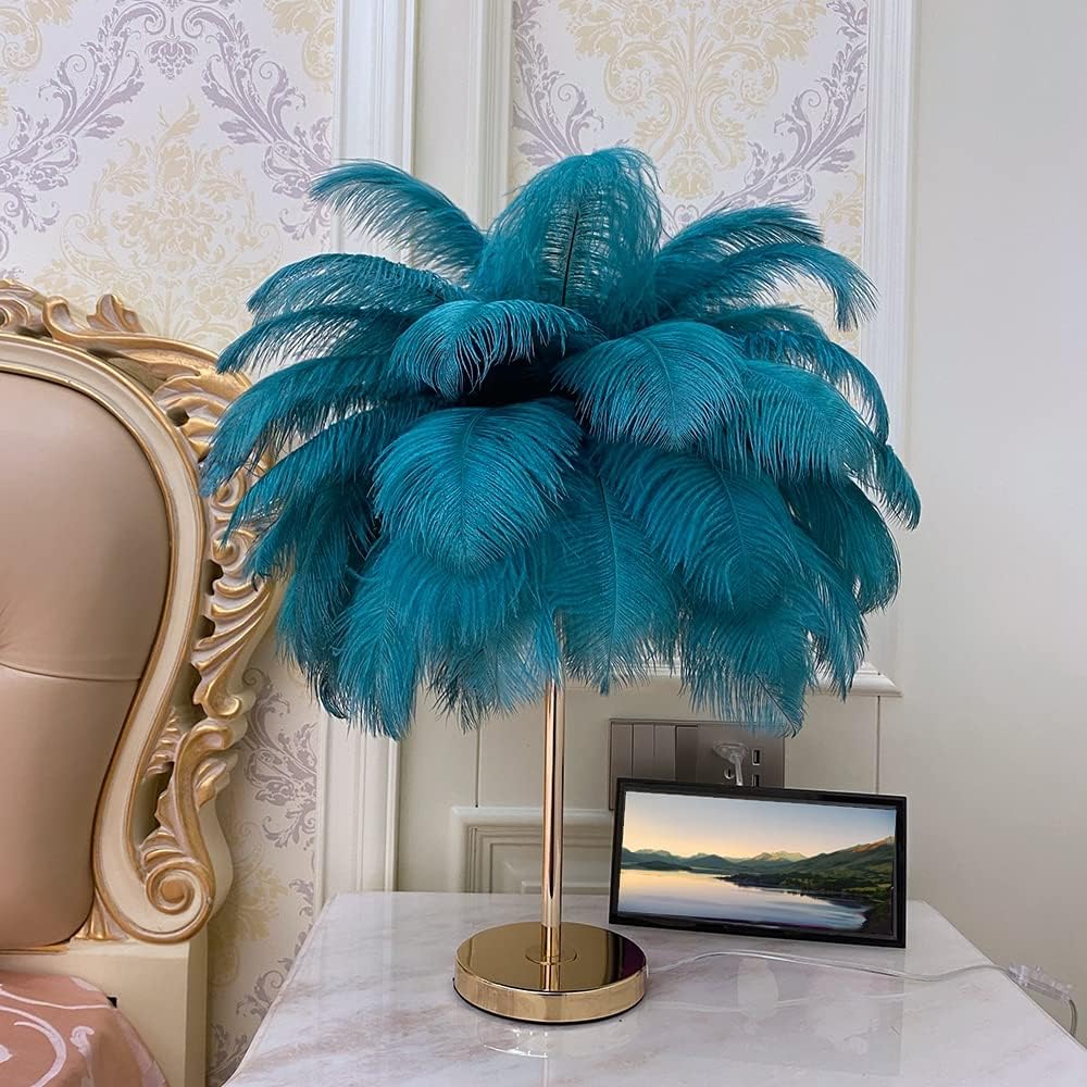 White Ostrich Feather Lamp,3-Color Temperatures Table Lamps for Girls Bedroom Funky Unique Cute Bed Side Nightstand Gold Desk Light (Blue-Green)