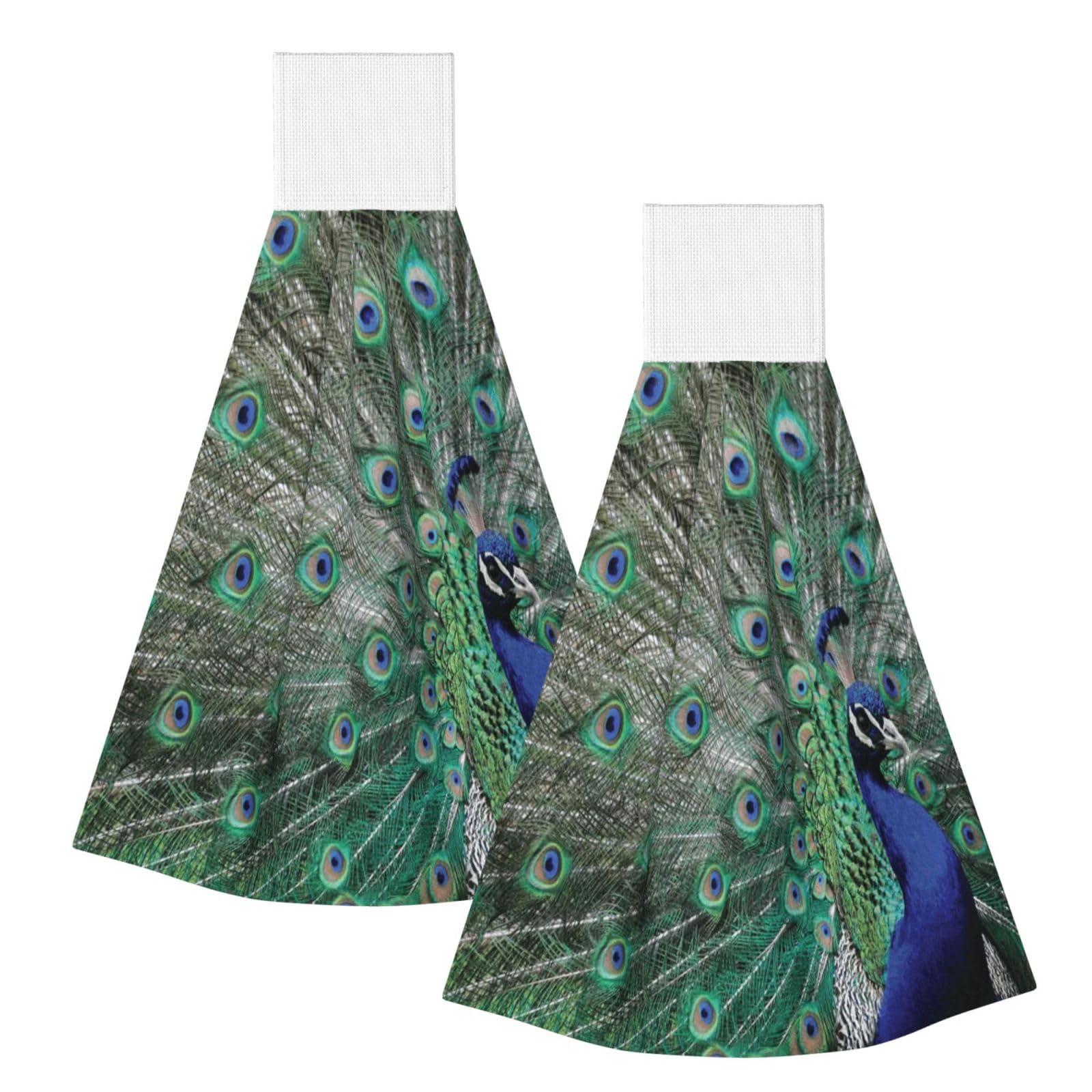 DOPKLNA Peacock Displaying Feathers Open Wings, 2 Pcs Hanging Coral Fiber Hand Towels for Bathroom, Absorbent Kitchen Towels