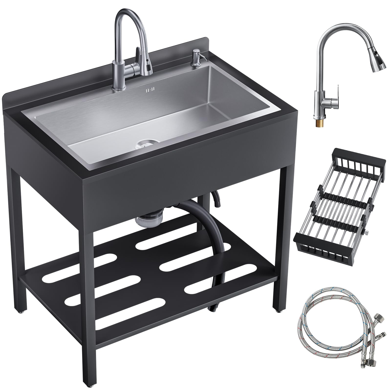 Lavandino autoportante in acciaio inox per esterni, lavello da cucina con scolapiatti e rubinetto estraibile e tubi dell'acqua calda e fredda, Kitchen Sink lavandino a mano per cucina, garage