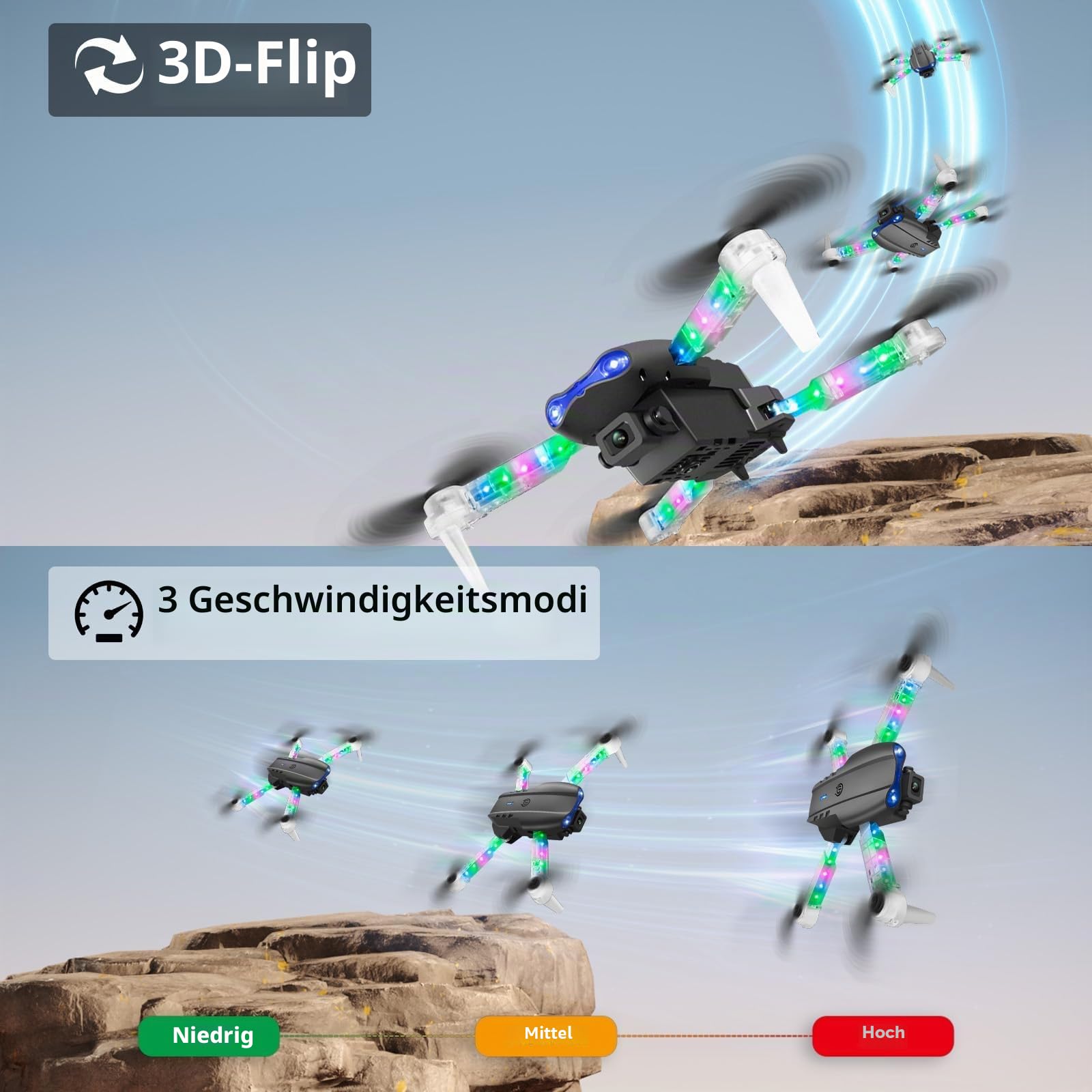 OBEST Drohne mit Kamera 1080P mit LED Lichter für Erwachsene RC FPV Drone | Faltbar Quadcopter mit WiFi Übertragung, One Key Start/Landen, 3D Flips, 2 Akkus, Spielzeug Geschenke für Jungen Mädch