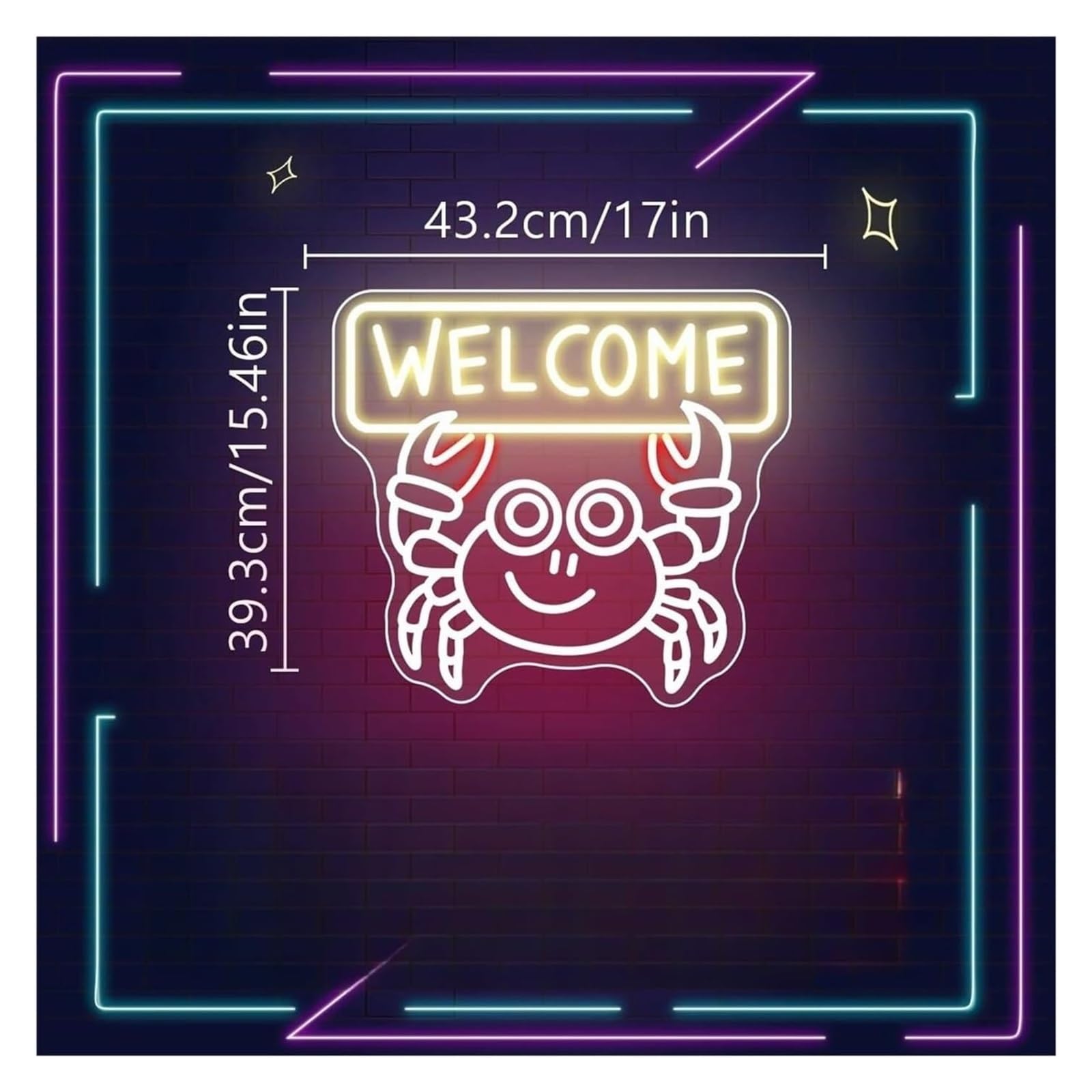 Insegna al neon a forma di granchio con scritta benvenuto per pizzeria, hamburger, decorazione da parete luminosa