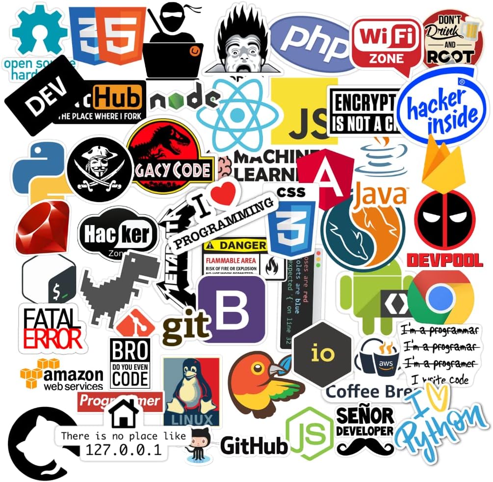 Laptop Vinyl Self-Adhesive Sticker for Coder, Developer, IT Professional - Multicolor Stickers for Laptop, Journal, Guitar, Mobile - Waterproof Residue Free (Pack of 51) Programmer