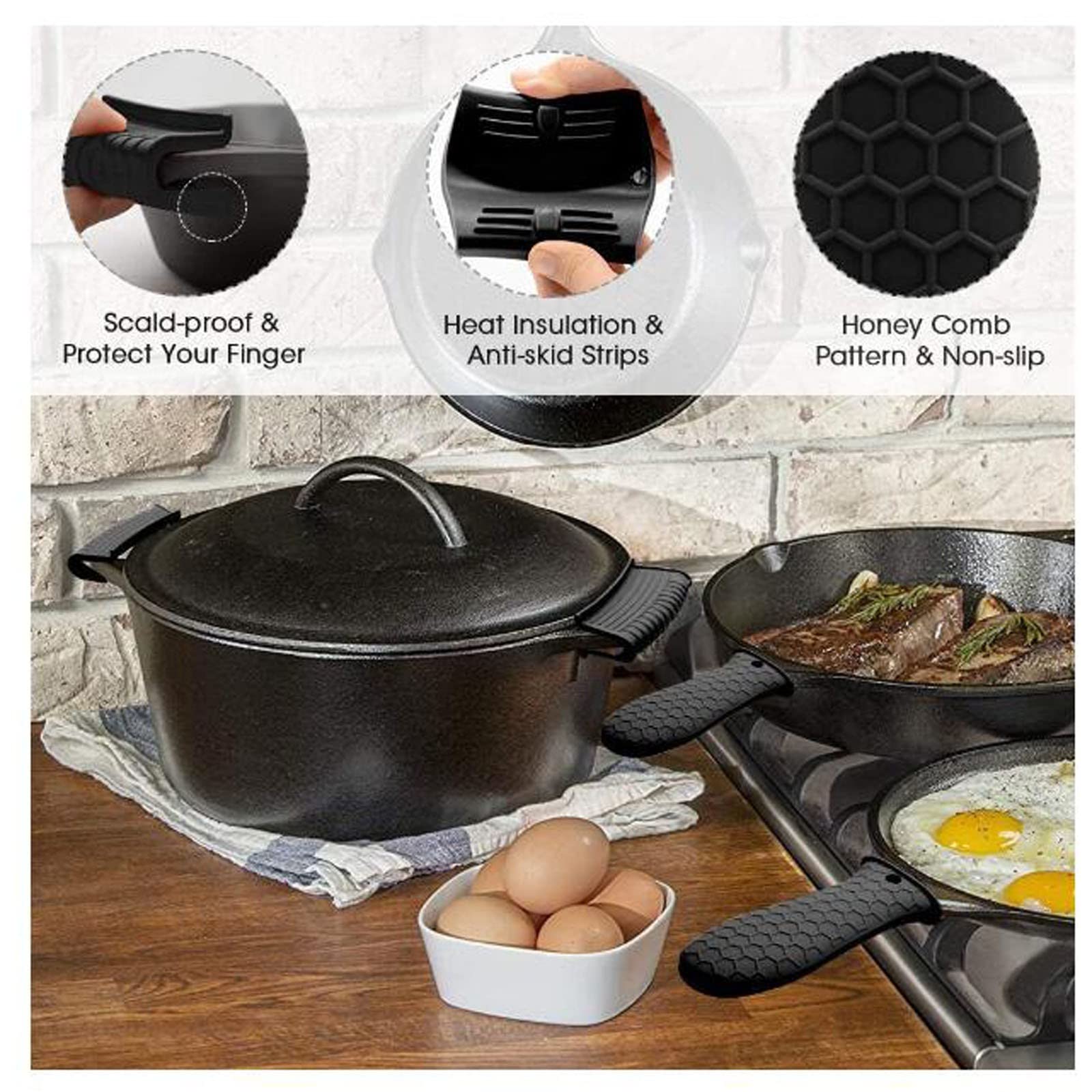 Siliconen Anti-verbranding Pot Handvat Afdekking, 3 Paar Anti Scald Pot Handle Cover Anti Slip Silicone Pot Holder Sleeve Pot Lid Handle Isolatie Cover 3 Grijs