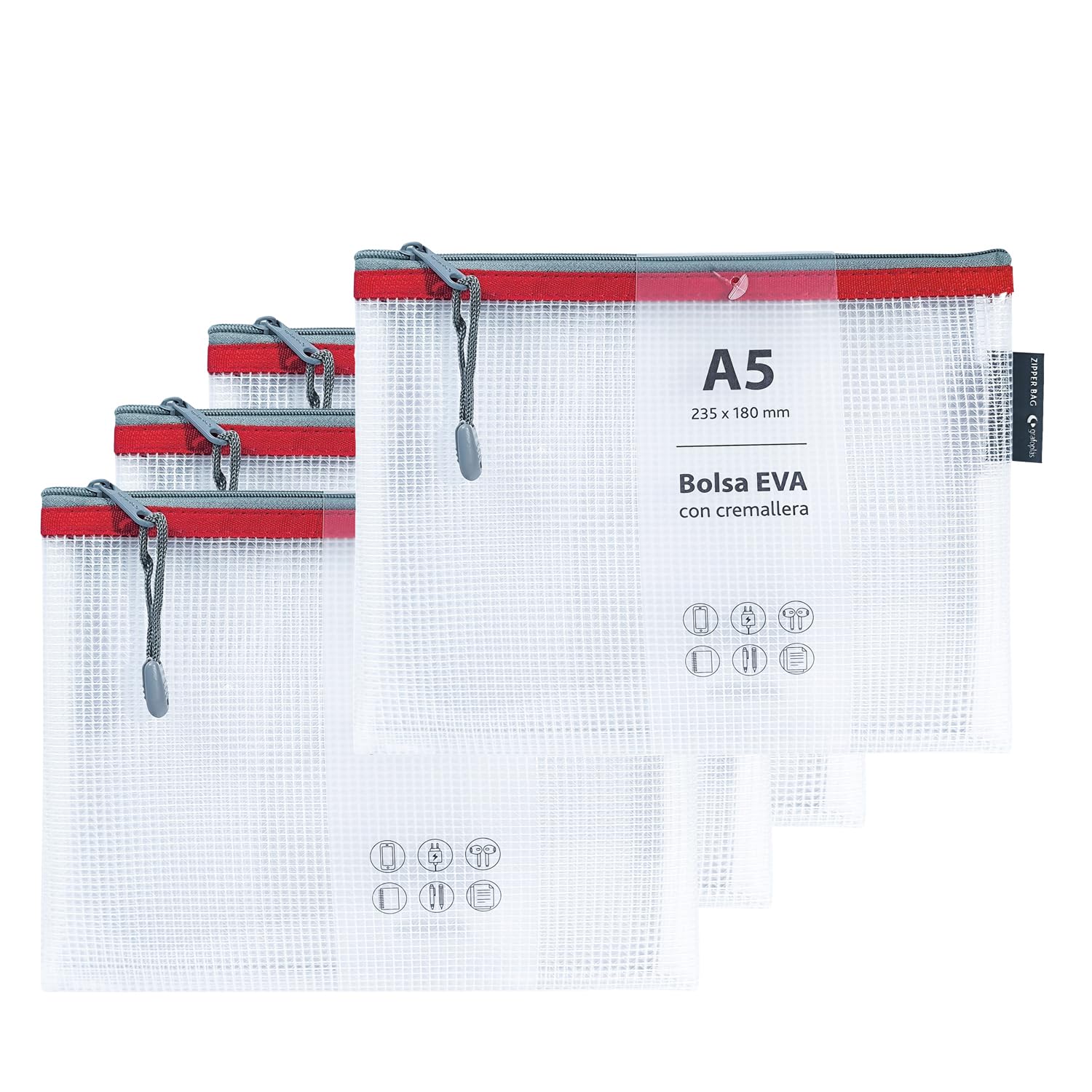 Sac fermeture eclair EVA A5 Grafoplas transparent et rouge lot de 4 - 6