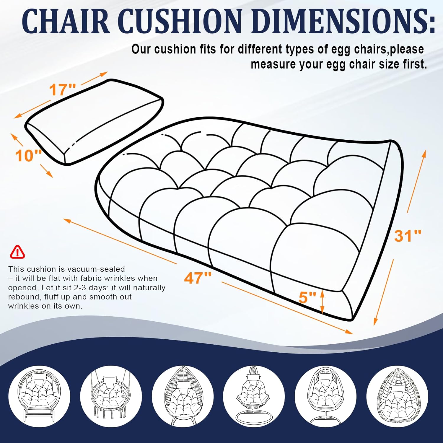 Egg Chair Cushion Replacement, Waterproof Outdoor Hanging Egg Swing Chair Cushions Pads with Headrest, 47x31x5 Inches (Gray)
