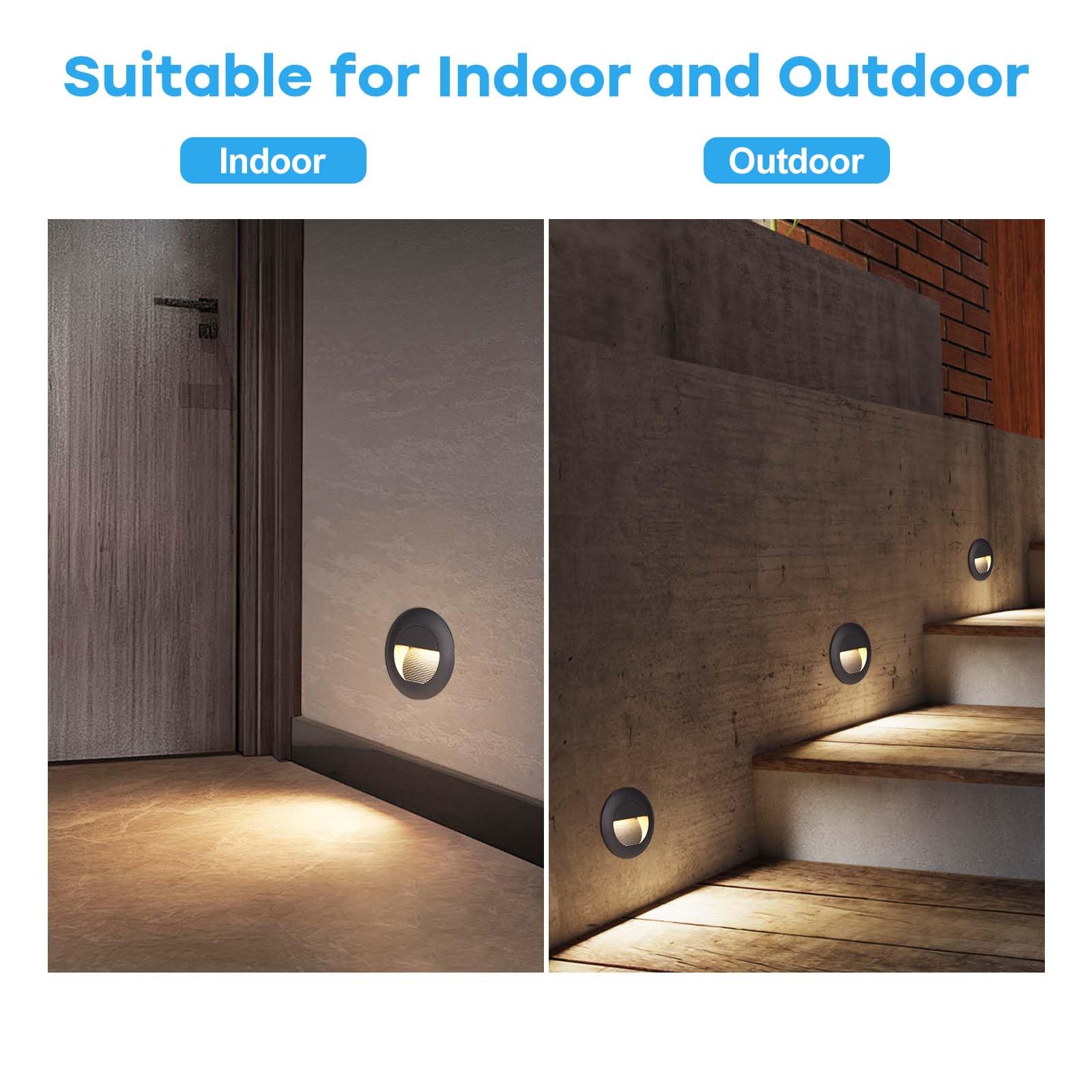 6 Stück Treppenbeleuchtung 5W 500lm, COB LED Treppenstufenbeleuchtung 230V 3000K, 85x85mm, IP65 Wandeinbauleuchte Rund Treppenlicht für Treppen Wand, Unterputzdosen 68mm, Aluminium Schwarz