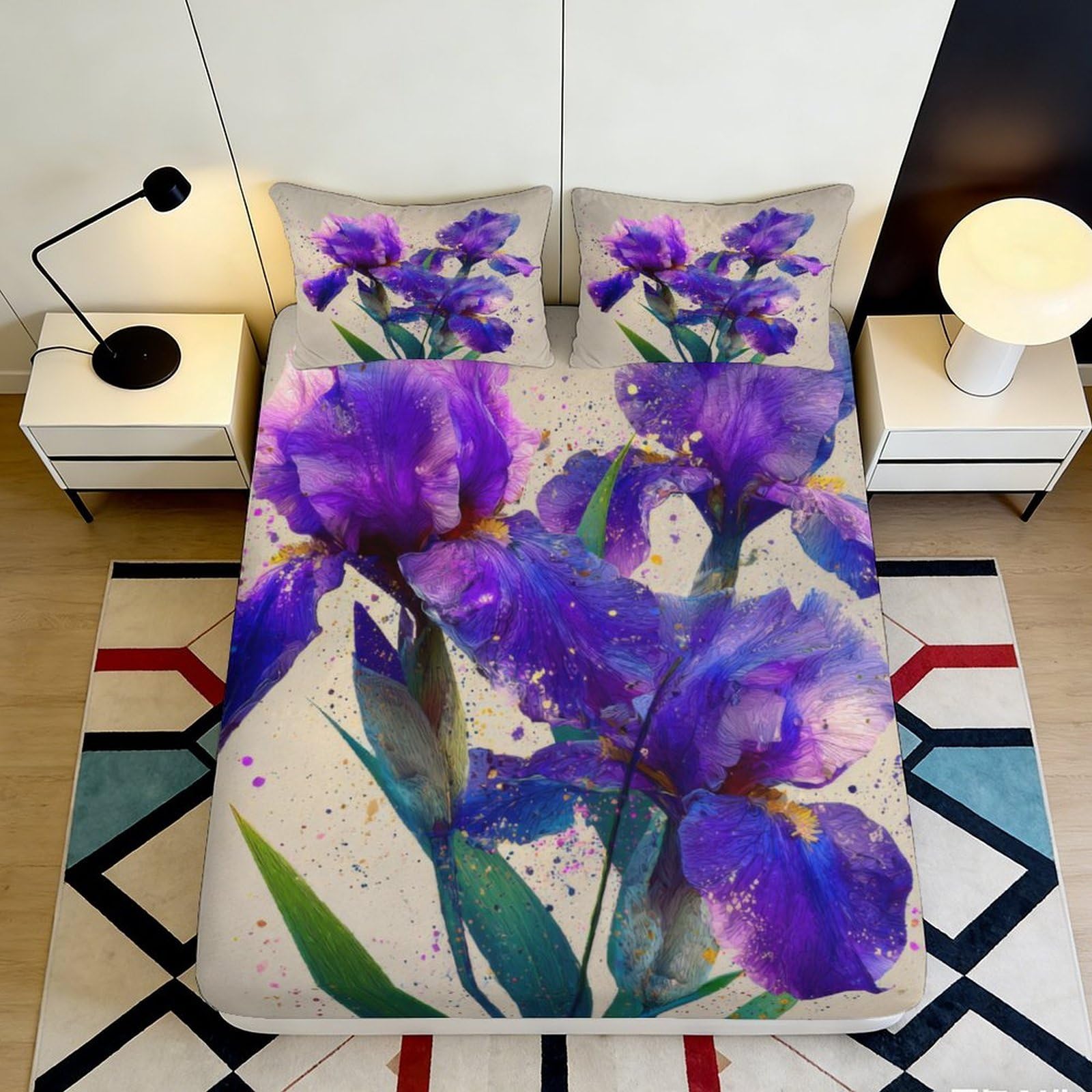 3D Printed Purple Iris Fitted Sheet Microfiber Soft Artistic Floral Mattress Cover for Bedroom Dorm Decor 120x200x25cm