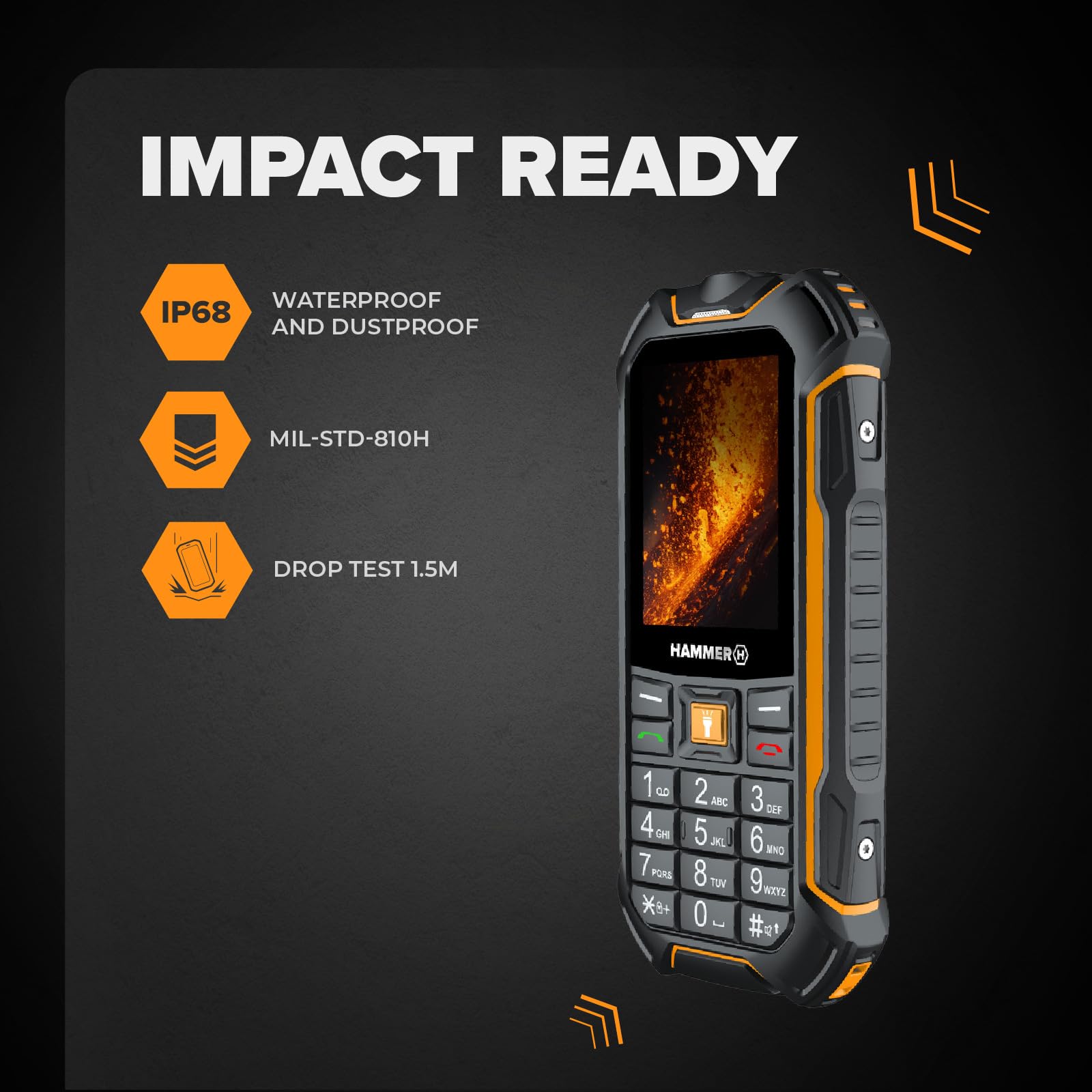 Hammer Boost 2 LTE móvil Robusto 4G IP68, teléfono de Obra con Teclas Grandes, Pantalla 2,4", Dual SIM, batería 3500 mAh de Larga duración, Negro-Naranja