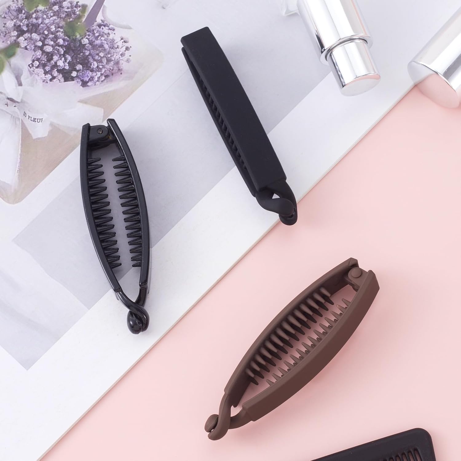 3pcs Banana Hair Clips, Non-Slip Large Hair Claws for Women, Classic Double Combs Hairpin Accessories for Thin Curly Straight Long Short Hairstyles- Black & Coffee & Matte Black - Image 7