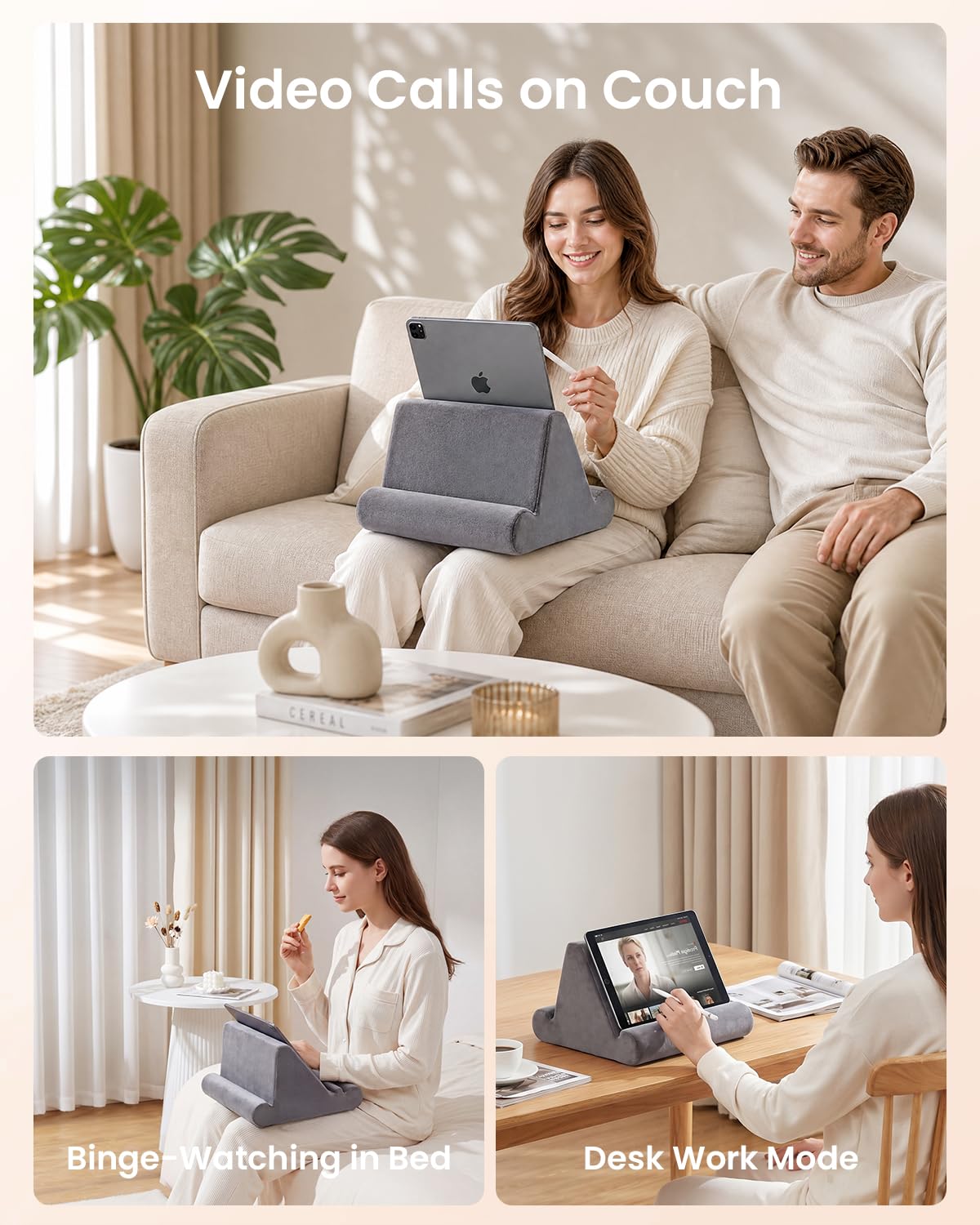 Support tablette en forme de coussin, coussin doux pour les genoux, support tablette pour le lit avec 3 angles de vue, poche, support pour stylet, compatible avec iPad Pro 13, 10.5, Air, Mini