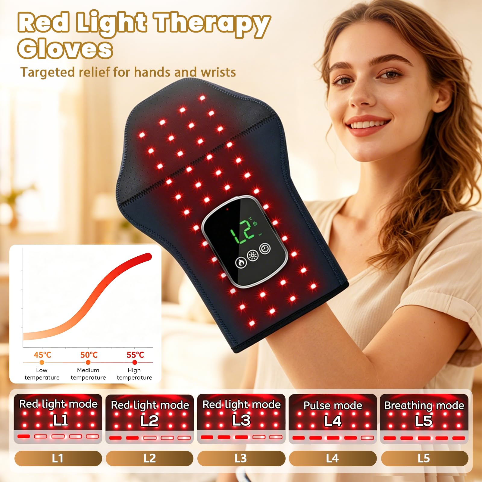 BRGD Guante Calefactor Inalámbrico de Luz Roja, Lámpara de Luz Roja Guantes 100 LED 660nm y 850nm Lámpara Infrarroja para Manos o Articulaciones, 3 Modos y 5 Niveles de Intensidad