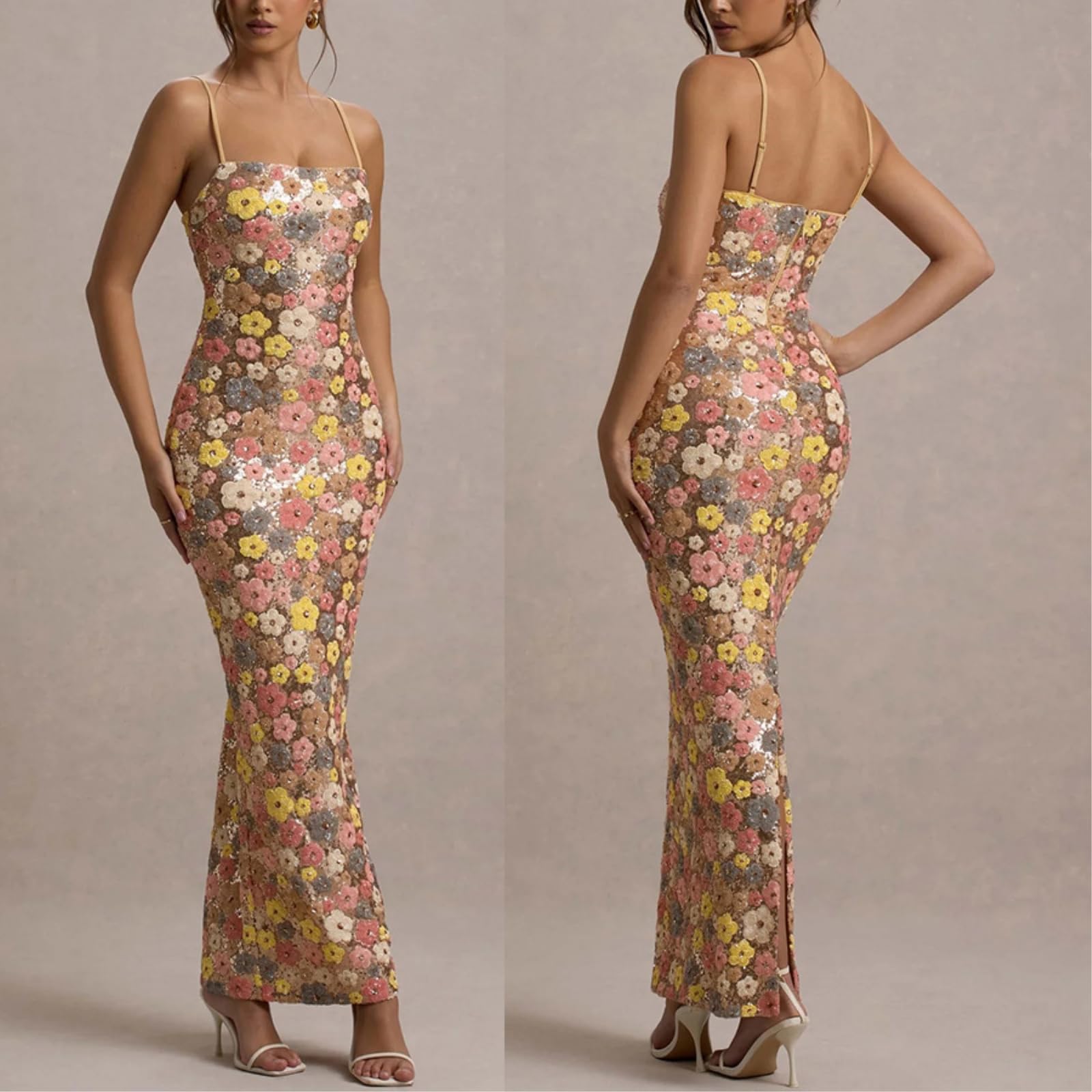 Vestito Elegante Donna Paillette Bodycon Maxi Dress Slim Fit da Festa Senza Maniche per Eventi Cocktail Serali-Print-s