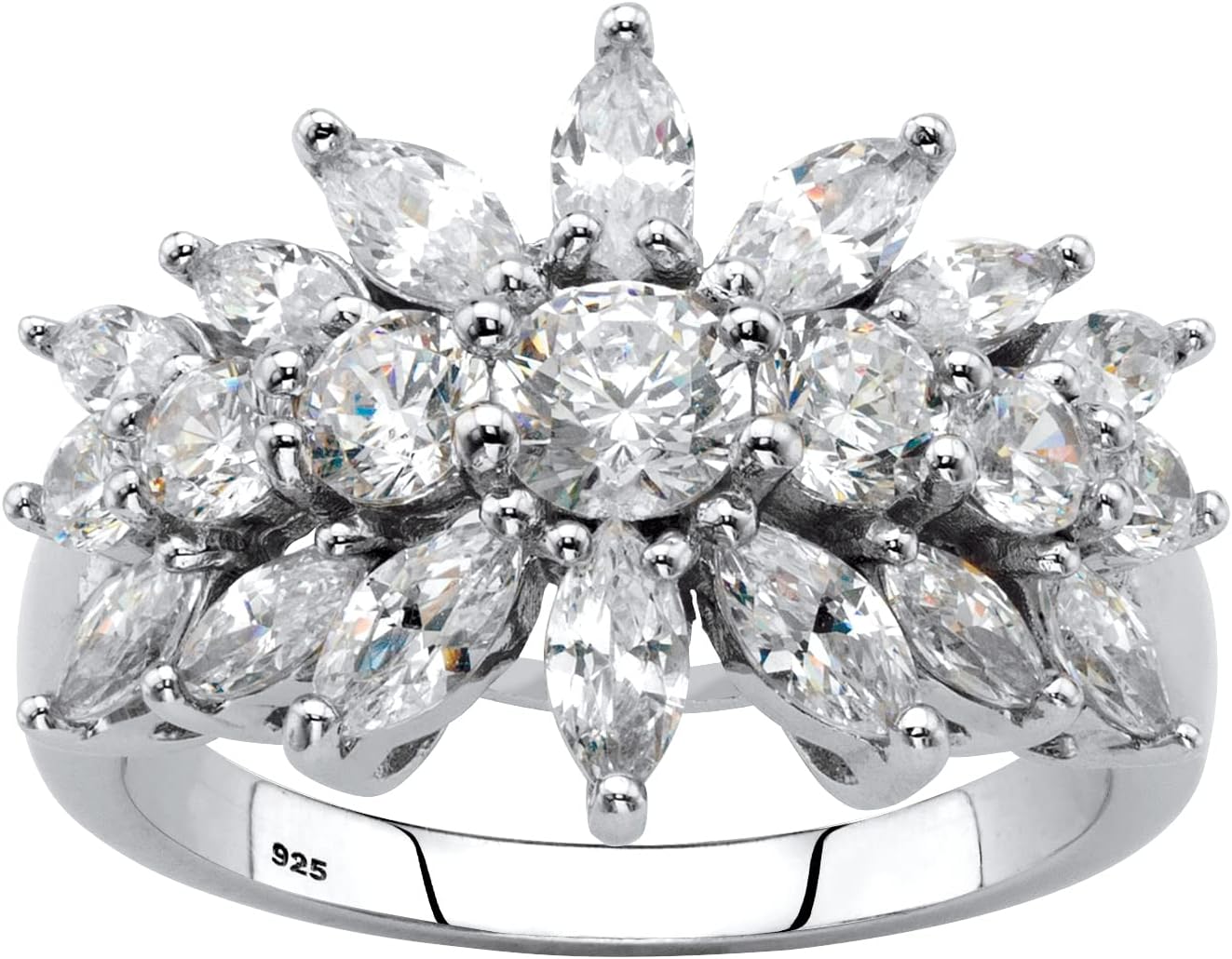 PalmBeach Sterling Silver Round Cubic Zirconia Simulated Starburst Cluster Ring Sizes 6-10