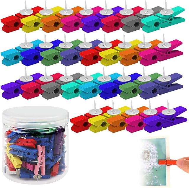 Push Pins with Wooden Clips , 40 Pcs Mini Colored Thumbtacks , Photo Paper Peg Pin , Clothespins , Decorative Paper Wood Clips for Cork Boards Notes Photos Display Wall