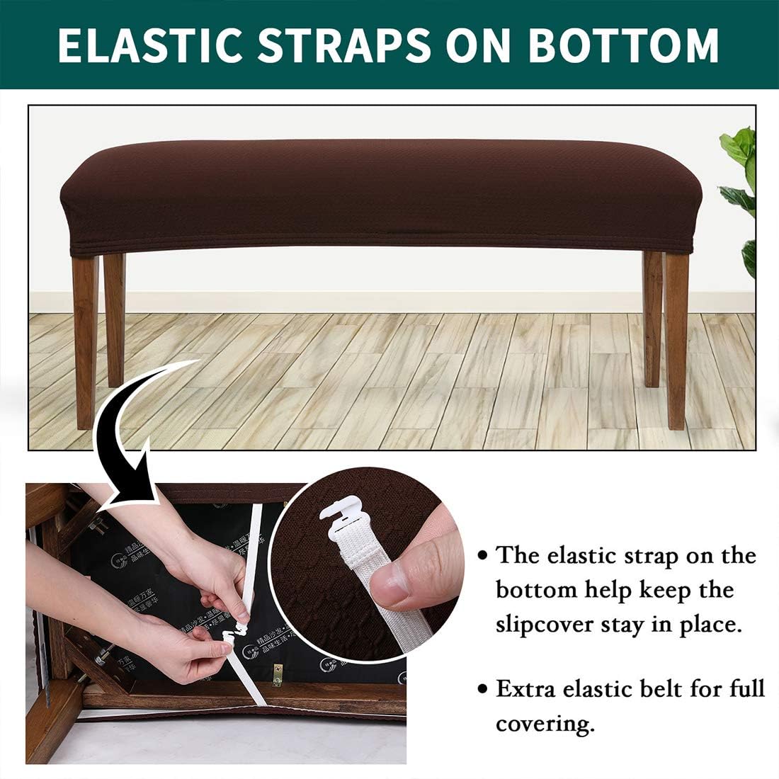 smiry Jacquard Dining Room Bench Covers, Stretch Spandex upholstered Bench Slipcover, Removable Washable Bench Protectors(15.7'' x 43.3'', Chocolate)