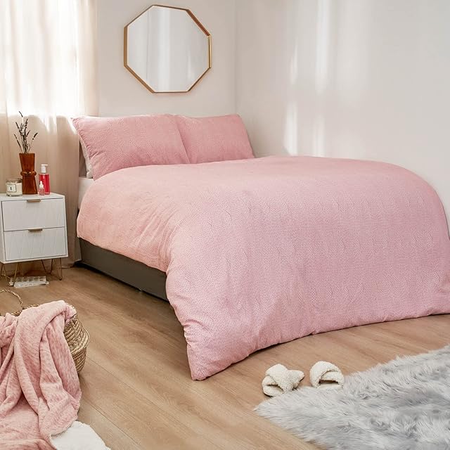 Dreamscene Chunky Knit Print Brushed Cotton Duvet Cover with Pillowcase Flannelette Bedding Set Reversible, Blush Pink - King