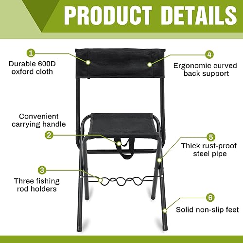 Miniatura 4 de Wenqik 2 sillas de pesca plegables de verano con soporte para caña, sillas de campamento de caza para adultos, silla plegable portátil al aire libre