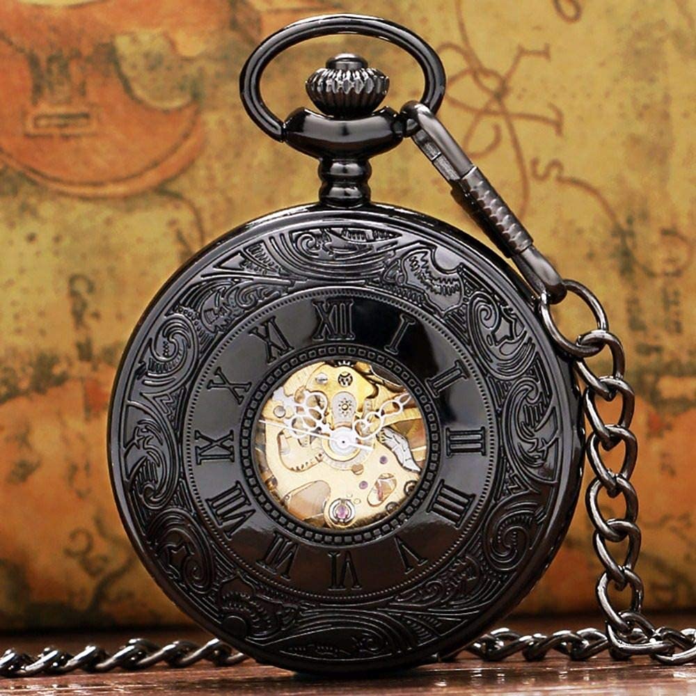 Montre de poche mécanique noire vintage à chiffres romains avec cadran squelette pour homme