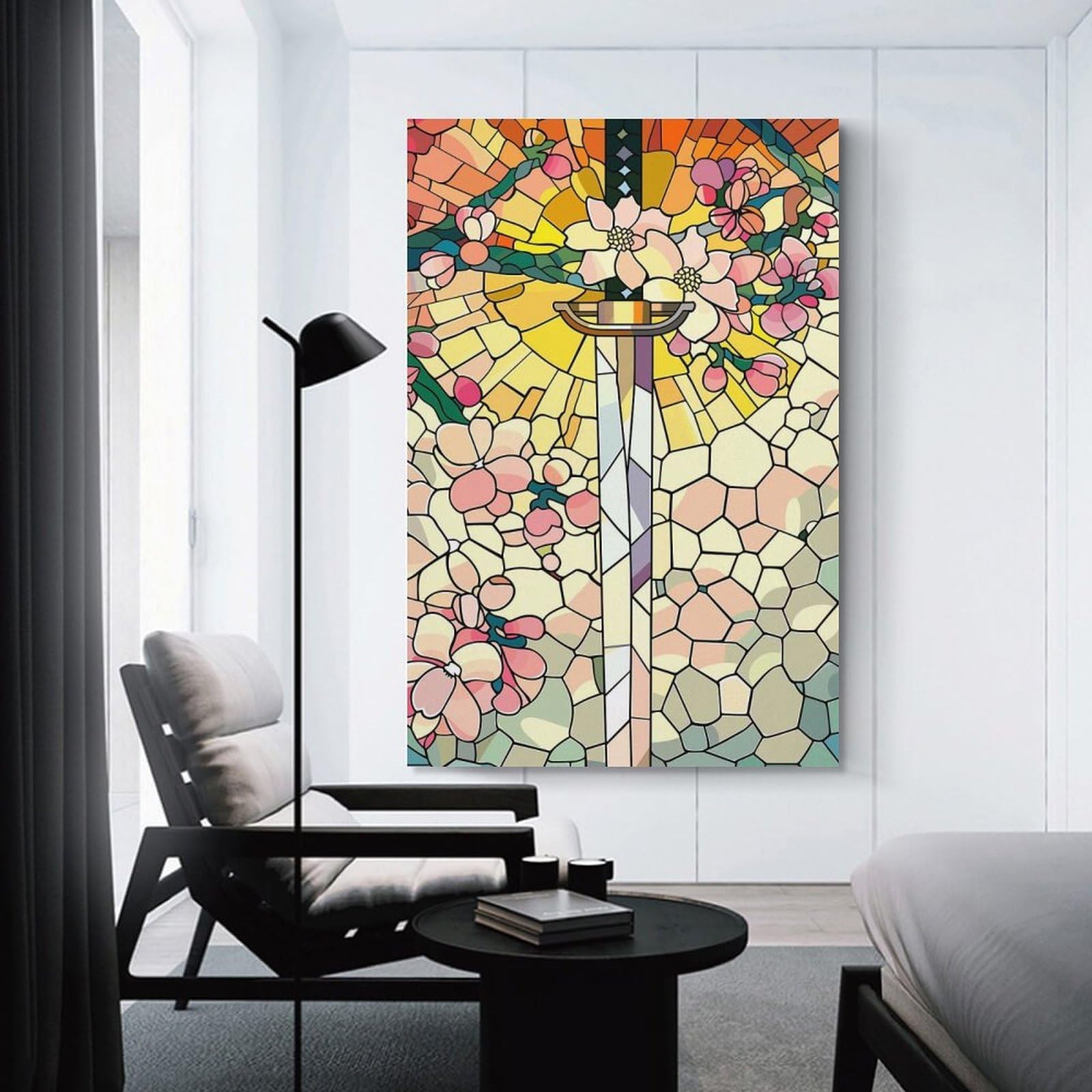 Junmoney Canvas Wall Picture Stained Glass Sword And Flowers, 16x24inch(40x60cm), for Sofa Walls, Lounge Or Home Corners, Canvas Styling for A Polished Room Look