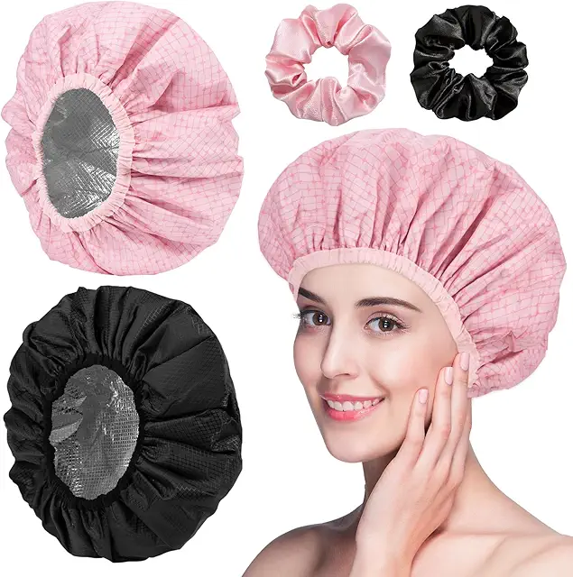 Bonnet Chauffant 2 Pièces pour Soins Capillaires Profonds - Rose et Noir