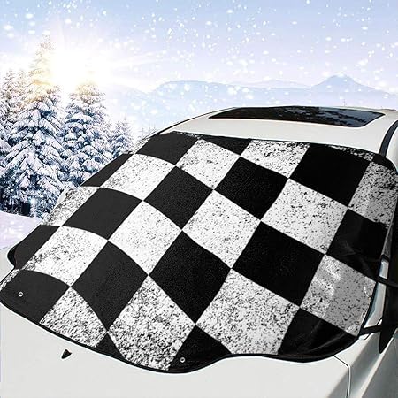 Amazon カーフロントカバー チェッカーフラッグ スタイル 車用サンシェード フロントガラス用 凍結防止カバー フロントシェード 防水 日よけ Uvカット 霜よけ 落葉 積雪対策 盗難防止 簡単着脱 折りたたみ 四季対応 収納ポーチ付き 吸盤取付 普通車 軽自動車 Suvに適用