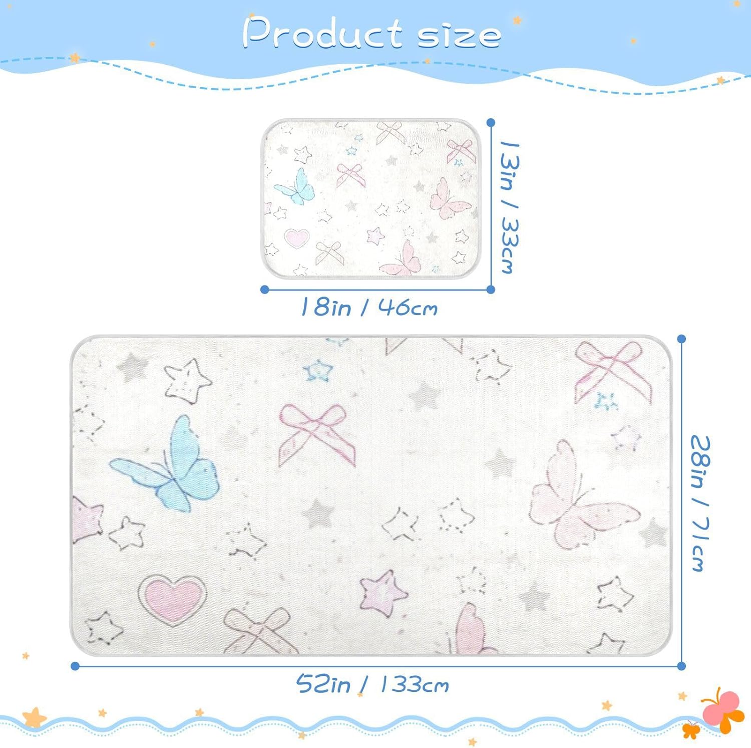 Cuturquoise Butterfly Bow Cooling Baby Mattress pad 28" x 52" Ultra Soft Pads for Bed for Baby&Toddler