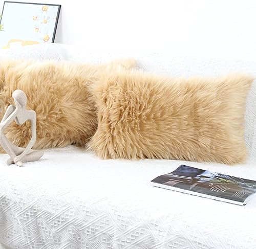 Miniatura 3 de OYIMUA Juego de 2 fundas de almohada decorativas esponjosas de 12 x 20 pulgadas, fundas de almohada de pelo sintético de lujo de granja de lujo,