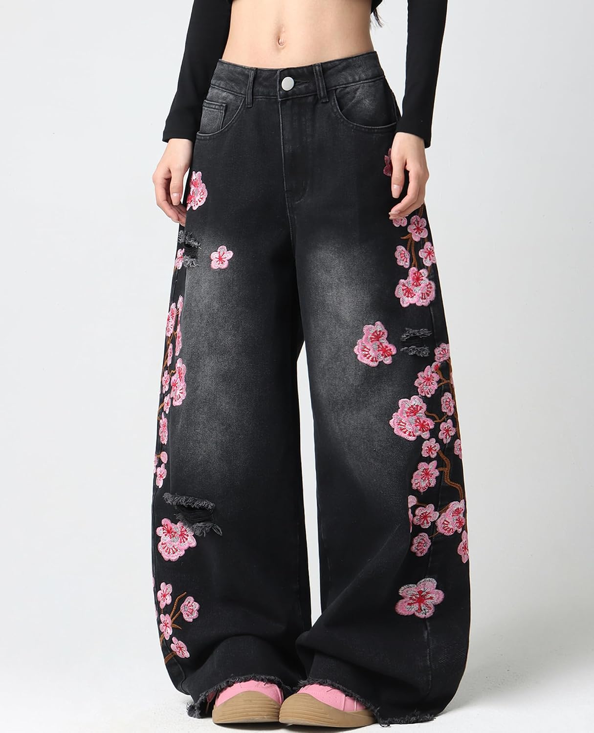 Women Baggy Jeans Vintage Floral Embroidery Wide Leg Denim Pants Y2K Hip Hop Streetwear Long Trousers