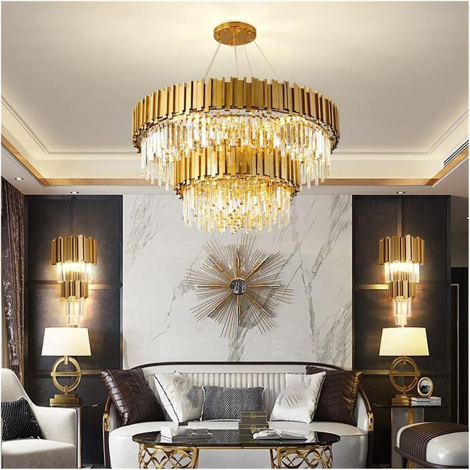 HELCEKOU Luxury Crystal Chandelier Hanging Lamp for Living Room Modern Design Double Layer 80cm Silver Ideal Restaurant Model and Villa