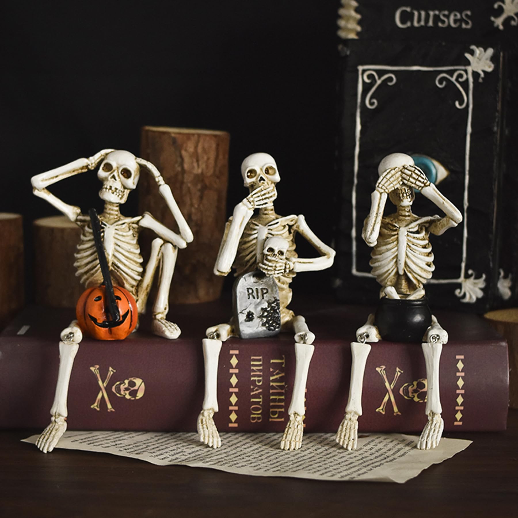 QIANLING 3-teiliges Skelett-Statue Set - Weiße Totenkopf-Dekofiguren Für Halloween & Grusel-Deko
