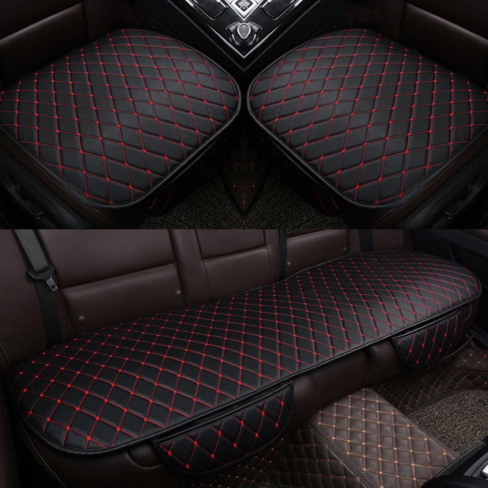 Universal Four Season Breathable PU Leatherette Car Interior Accessories Seat Cushion Pad Mat Cover for 5 Seat Auto Supplies (Black with red line)