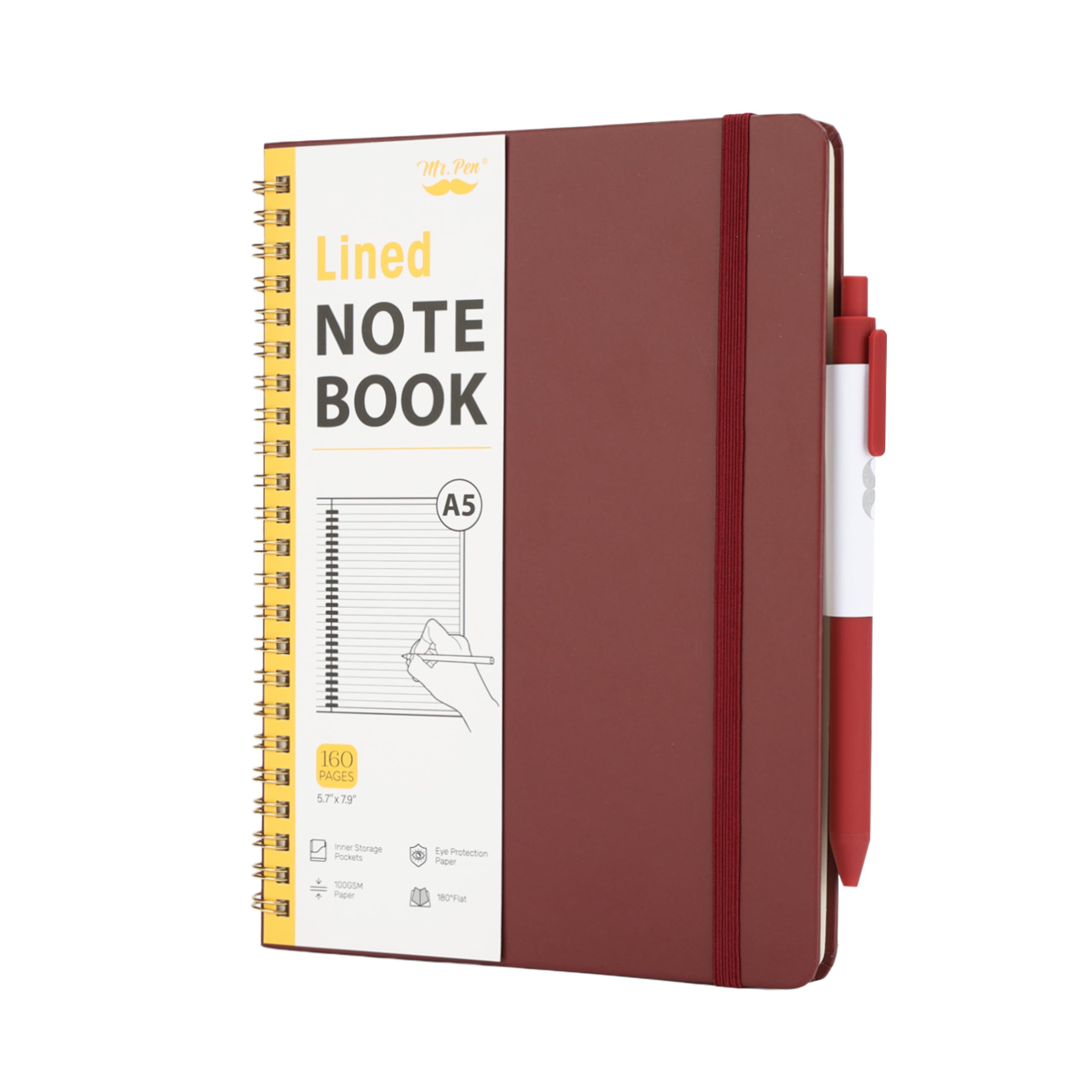 Mr. Pen- Lined Spiral Journal Notebook for Women & Men, 160 Pages, Leather Hardcover Notebook, A5(5.7" x 7.9"), Burgundy, 1 Pc Pen, Elastic Band, 50 Pcs Sticky Notes