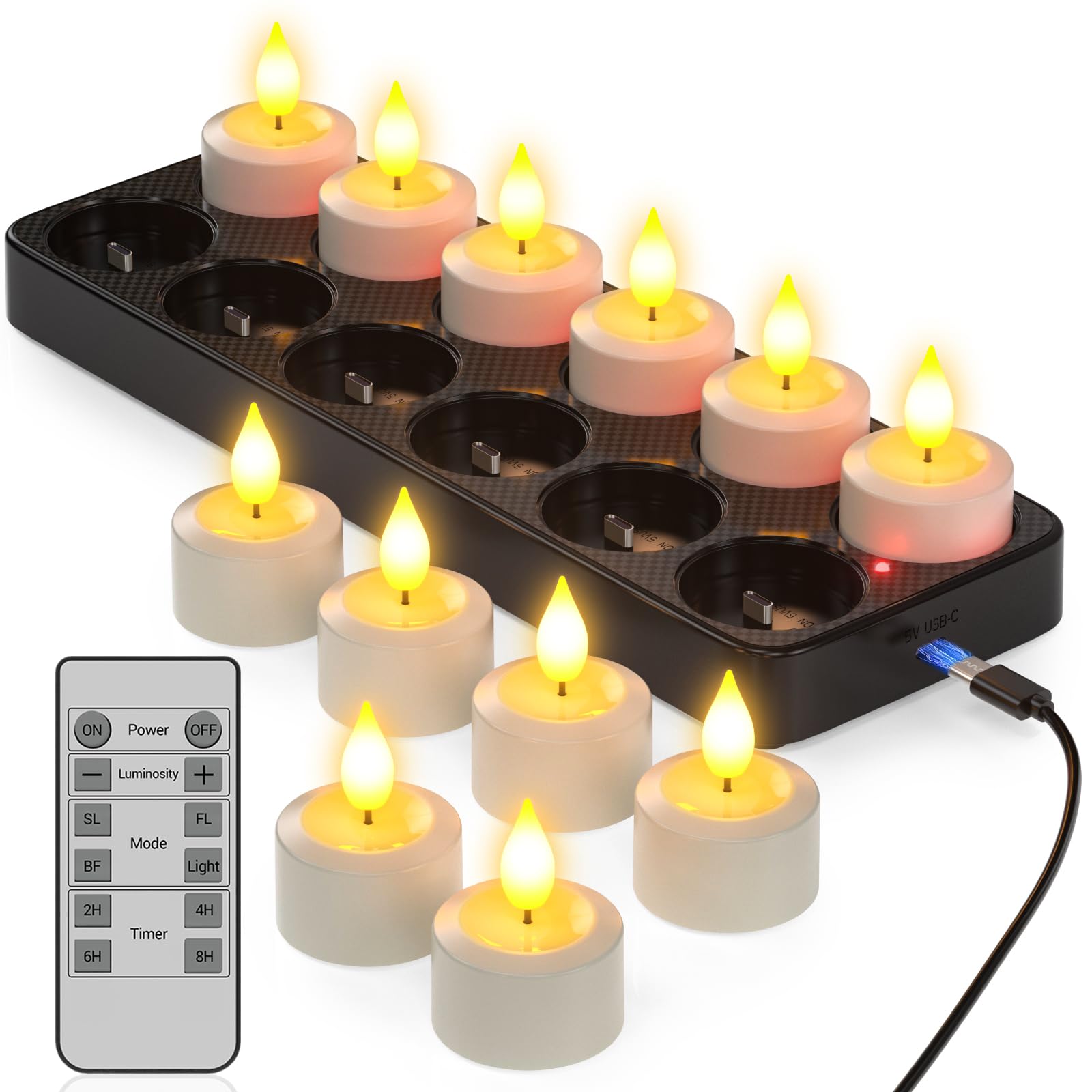 PChero Velas de té recargables con estación de carga y mando a distancia, 12 unidades de velas eléctricas LED recargables con función de temporizador para Halloween decoración de calabaza Navidad