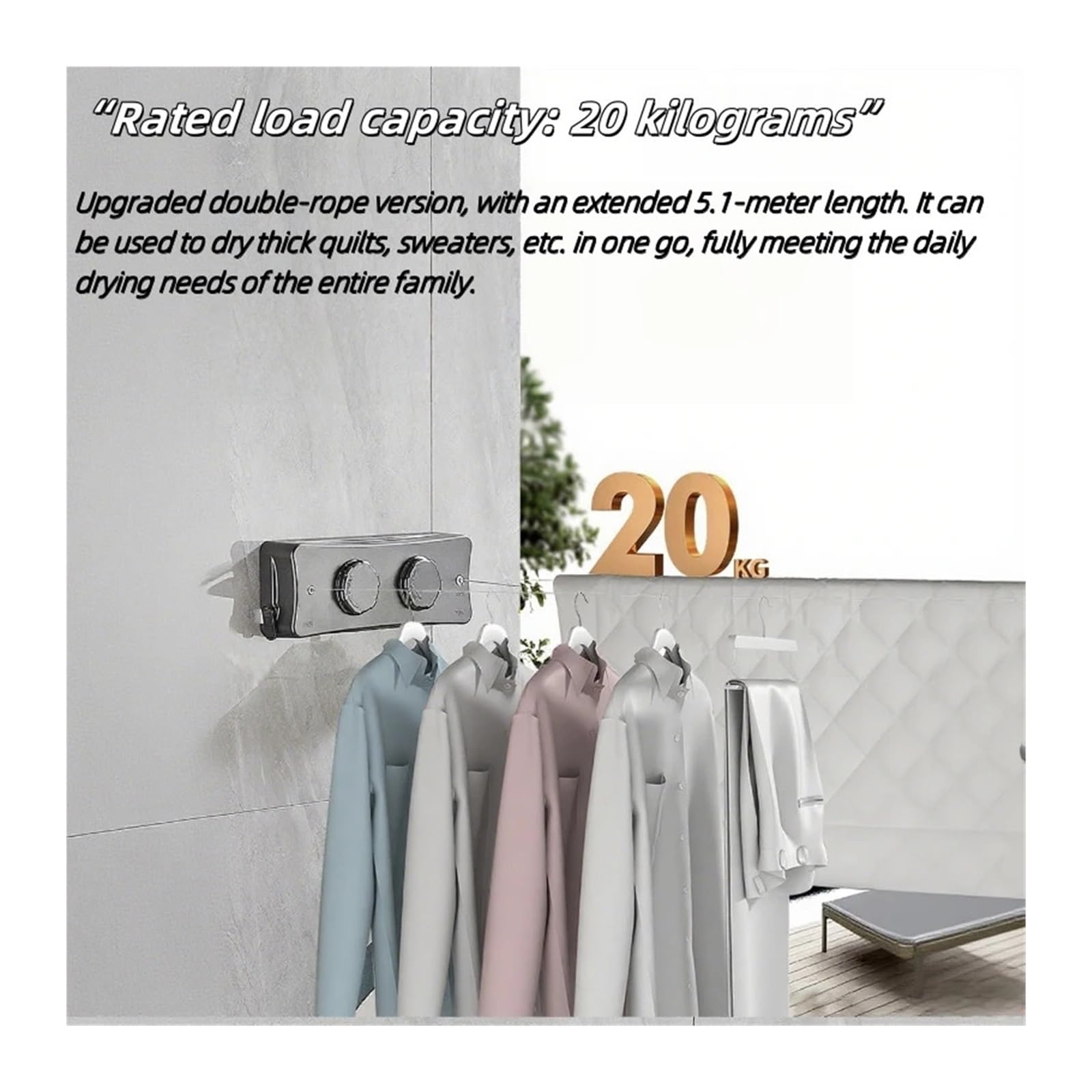 Sznur do suszenia ubrań Niewidoczny wieszak na ubrania bez dziurkowania, chowany, oszczędzający miejsce, do użytku wewnątrz i zewnątrz(White Two String)