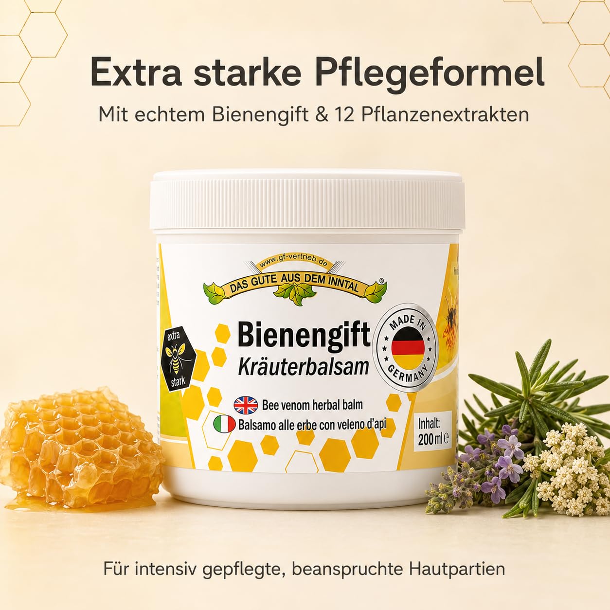 Bienengiftsalbe 200ml - Pflegecreme Kräuterbalsam extra stark - Wärmend & kühlende Bienencreme mit 12 Pflanzenextrakten, Menthol & Avocadoöl - Bienengift nach Sport & Belastung