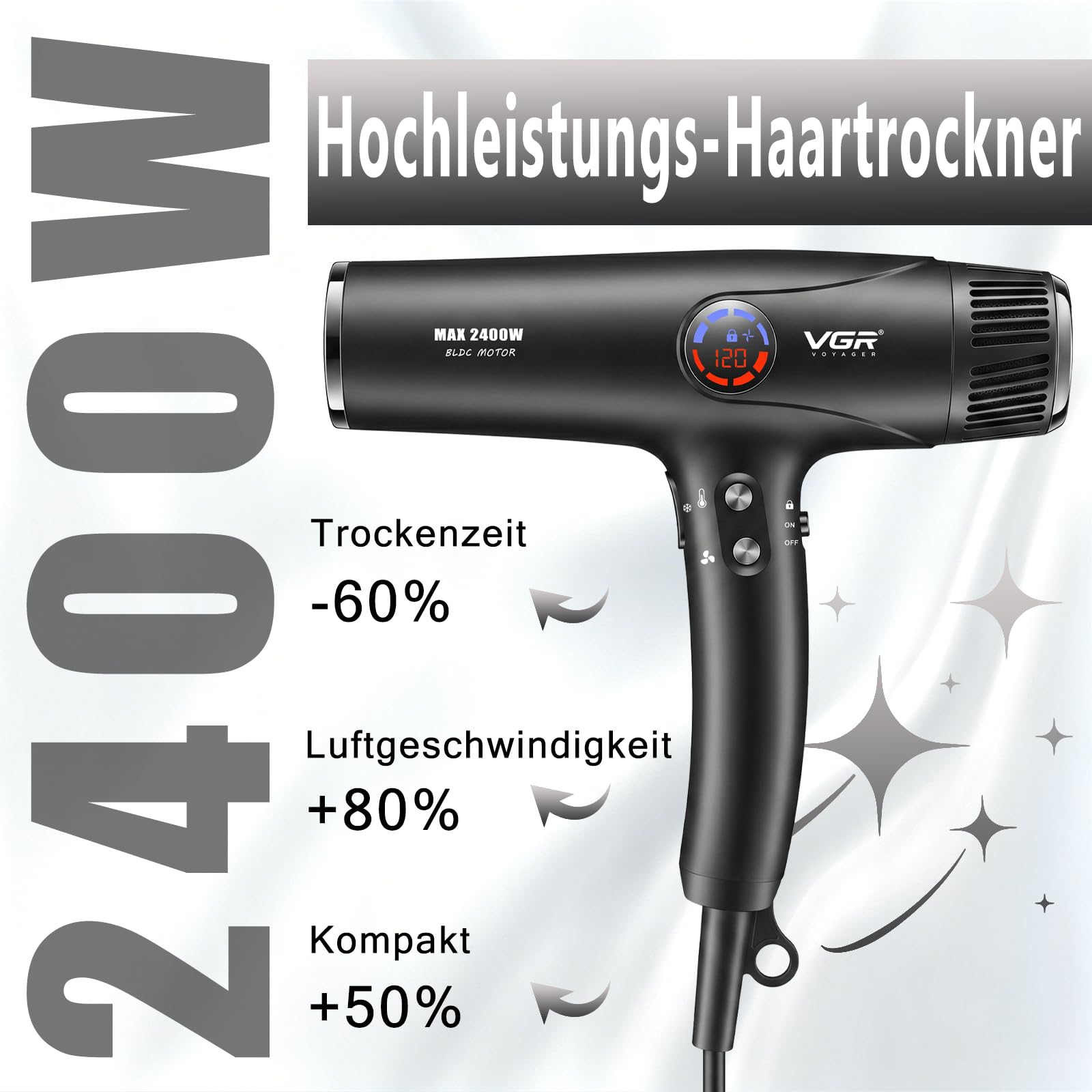 VGR 469 Haartrockner Professioneller Mit 2400W BLDC Motor | Föhn Mit Diffusor Für Schnellkühltaste, Hair Ddryer Mit 4 Temperatur, LED Display, Haarföhn Mit Sperrfunktion